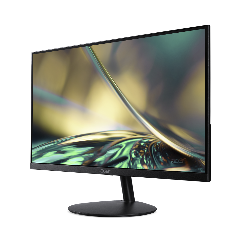 Un monitor sobre un soporte negro. La pantalla muestra una imagen abstracta verde y amarilla.