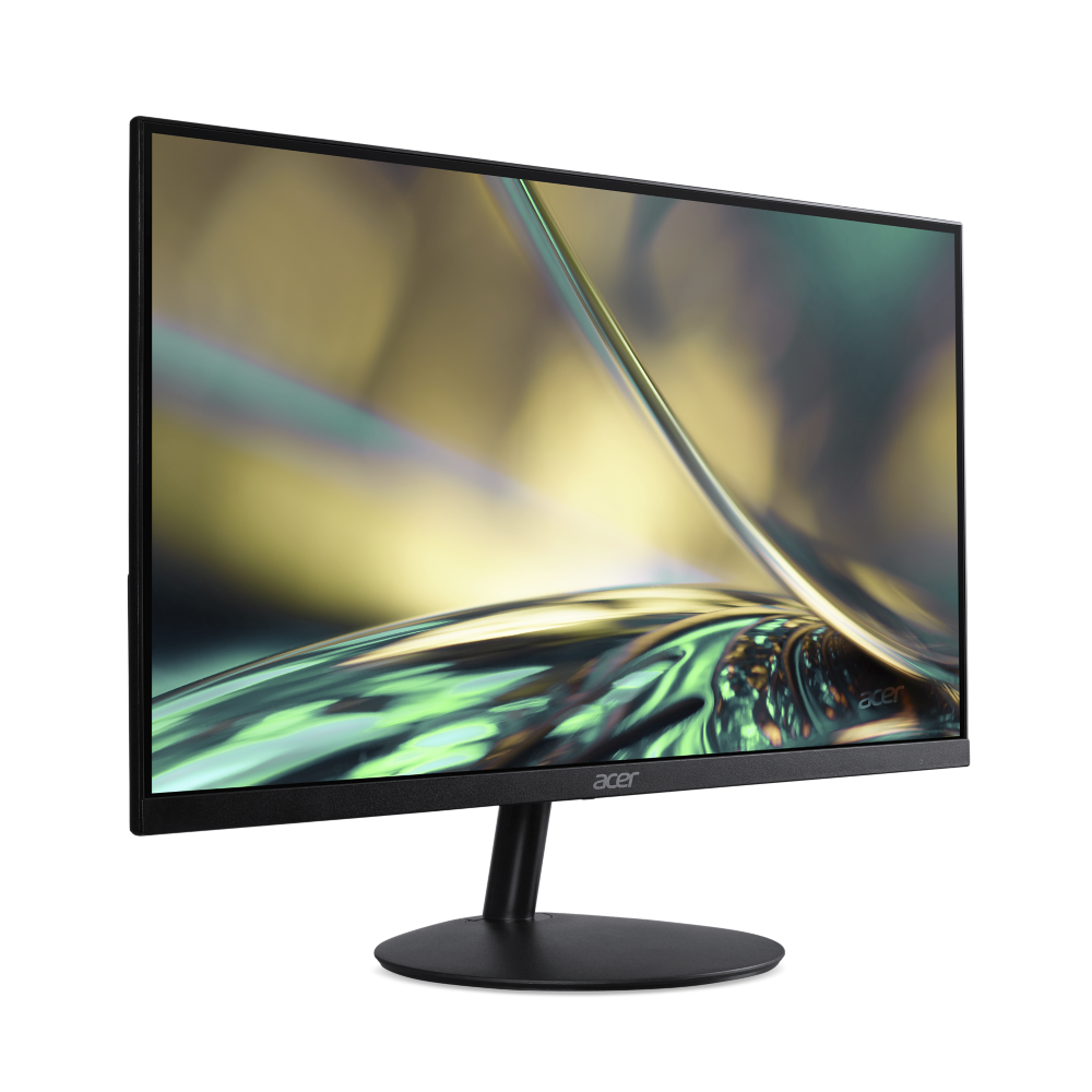 Monitor Acer negro sobre soporte negro, con fondo colorido. Tiene marco delgado.