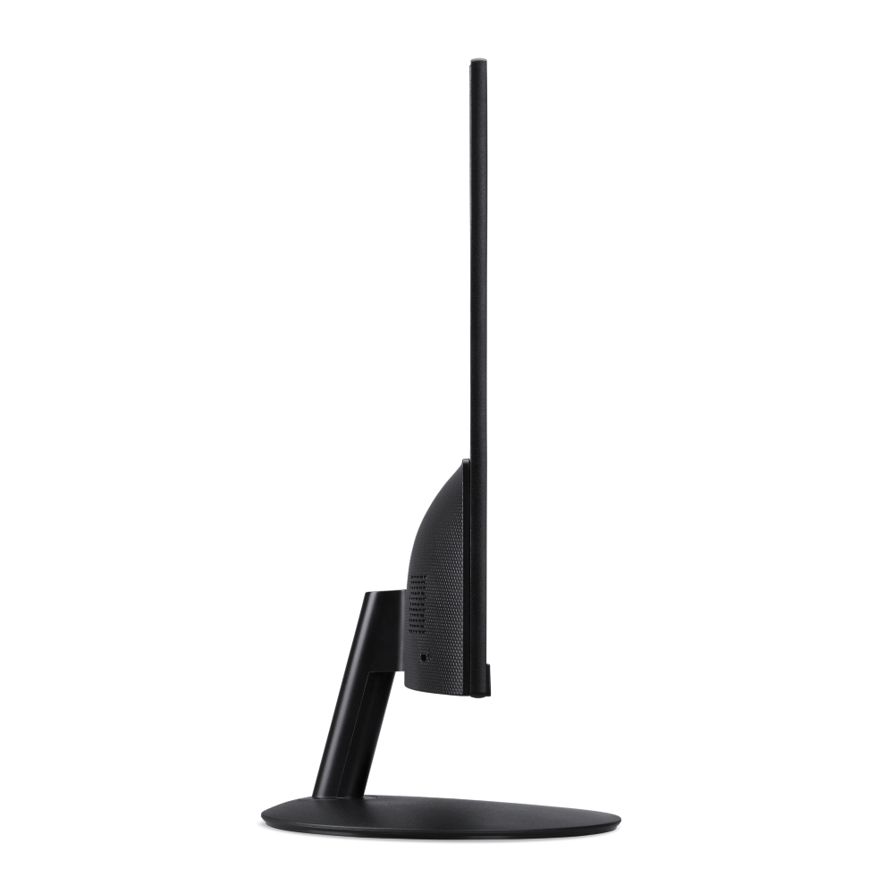 Un monitor negro con un bisel delgado, perfil lateral y soporte negro sobre fondo negro.