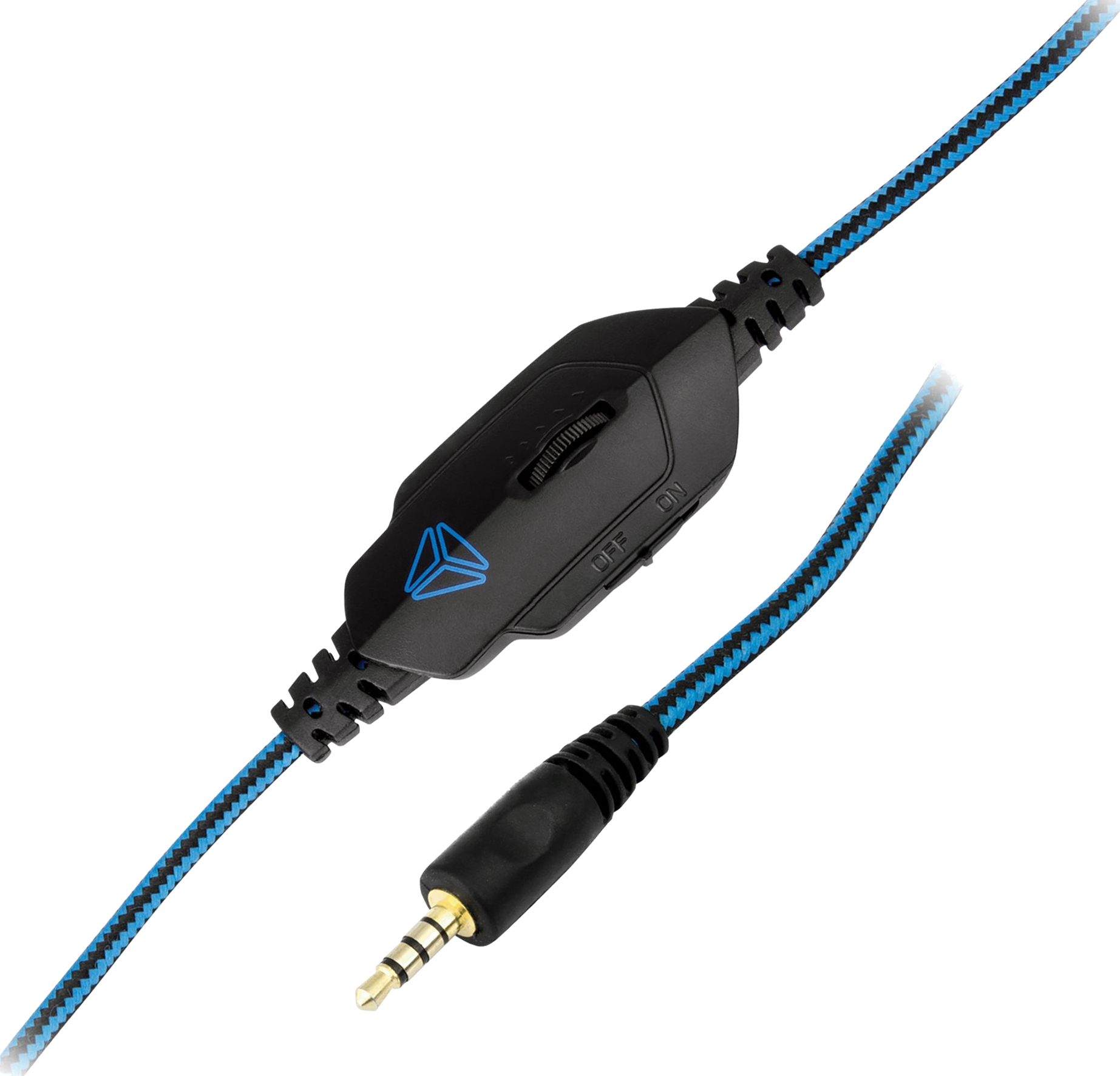 Fejhallgató kábel vezérlődobozzal és audio csatlakozóval, fekete háttérrel.