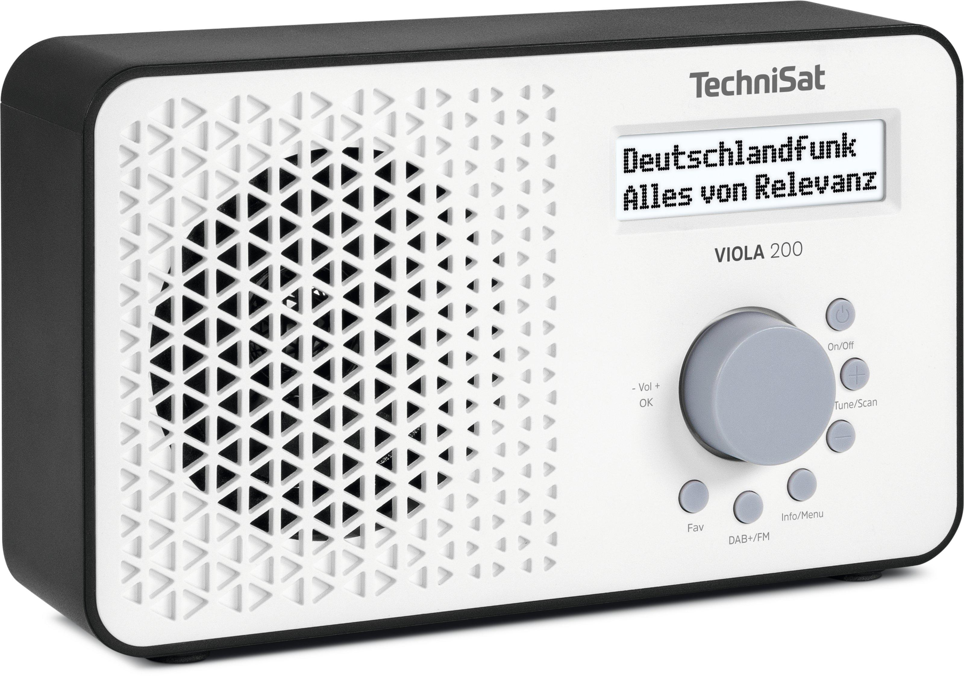 Weißes und schwarzes Radio mit Lautsprecher. Das Radio hat ein Display und Bedienelemente.
