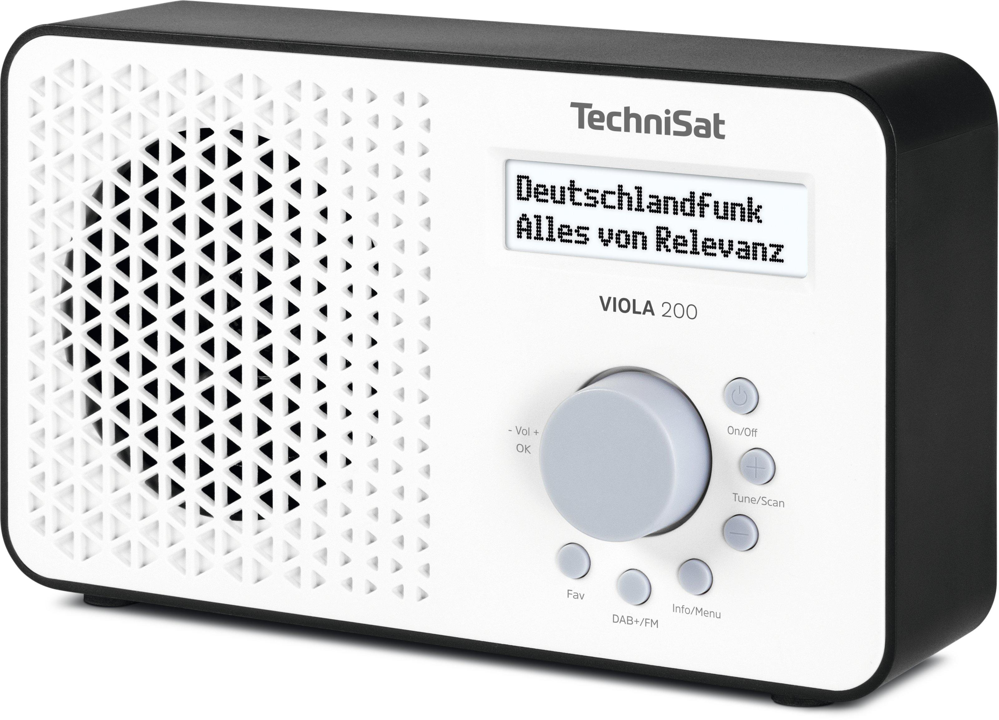 Weißes und schwarzes TechniSat Radio. Das Display zeigt Text, darunter ein Drehregler und Tasten.