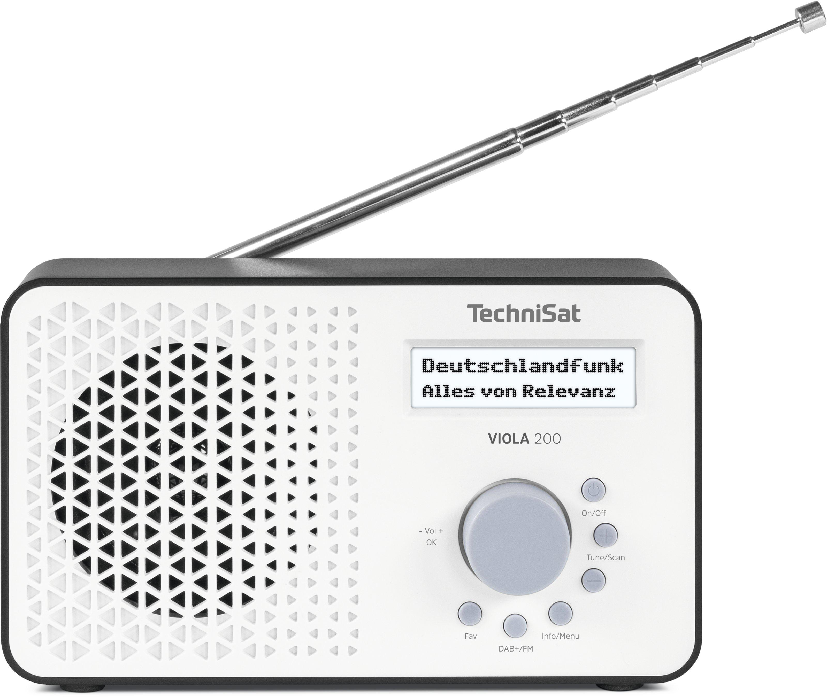 Weißes und schwarzes Radio mit Antenne. Anzeige zeigt Stationsinfo. TechniSat.