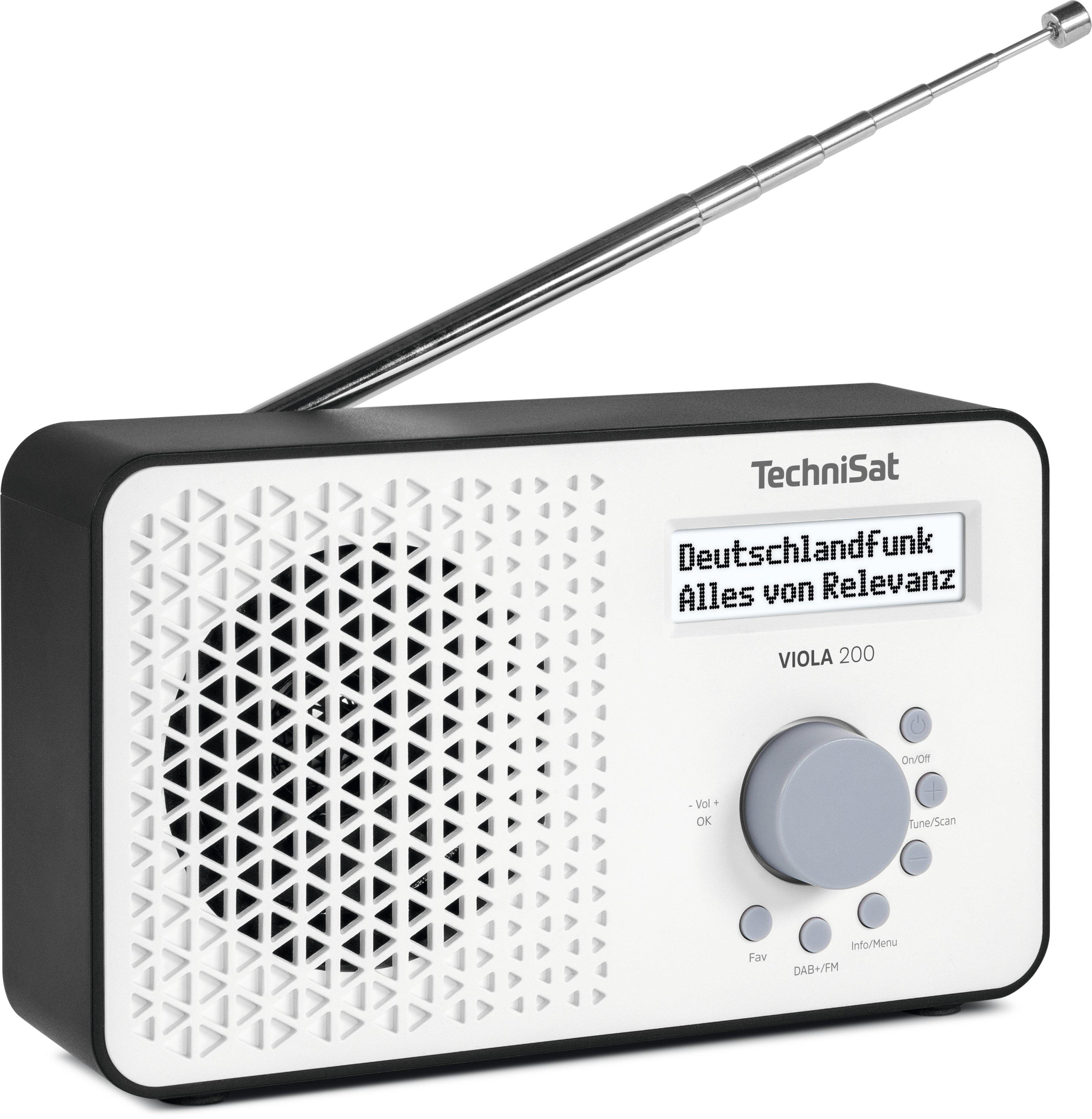 Weißes und schwarzes TechniSat-Radio mit Antenne. Weißer Hintergrund.