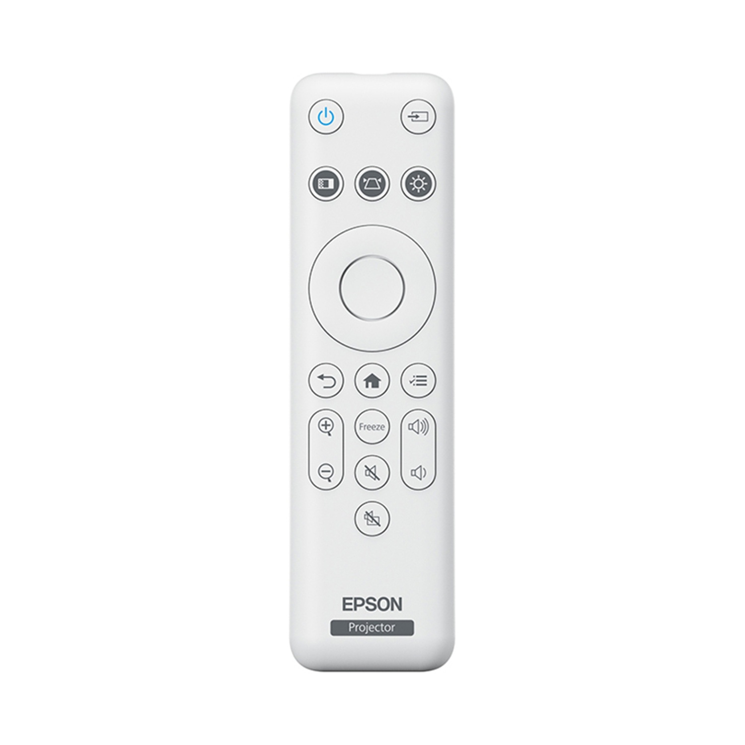 Telecomando per proiettore Epson bianco con diversi pulsanti, inclusi accensione, volume e freeze.
