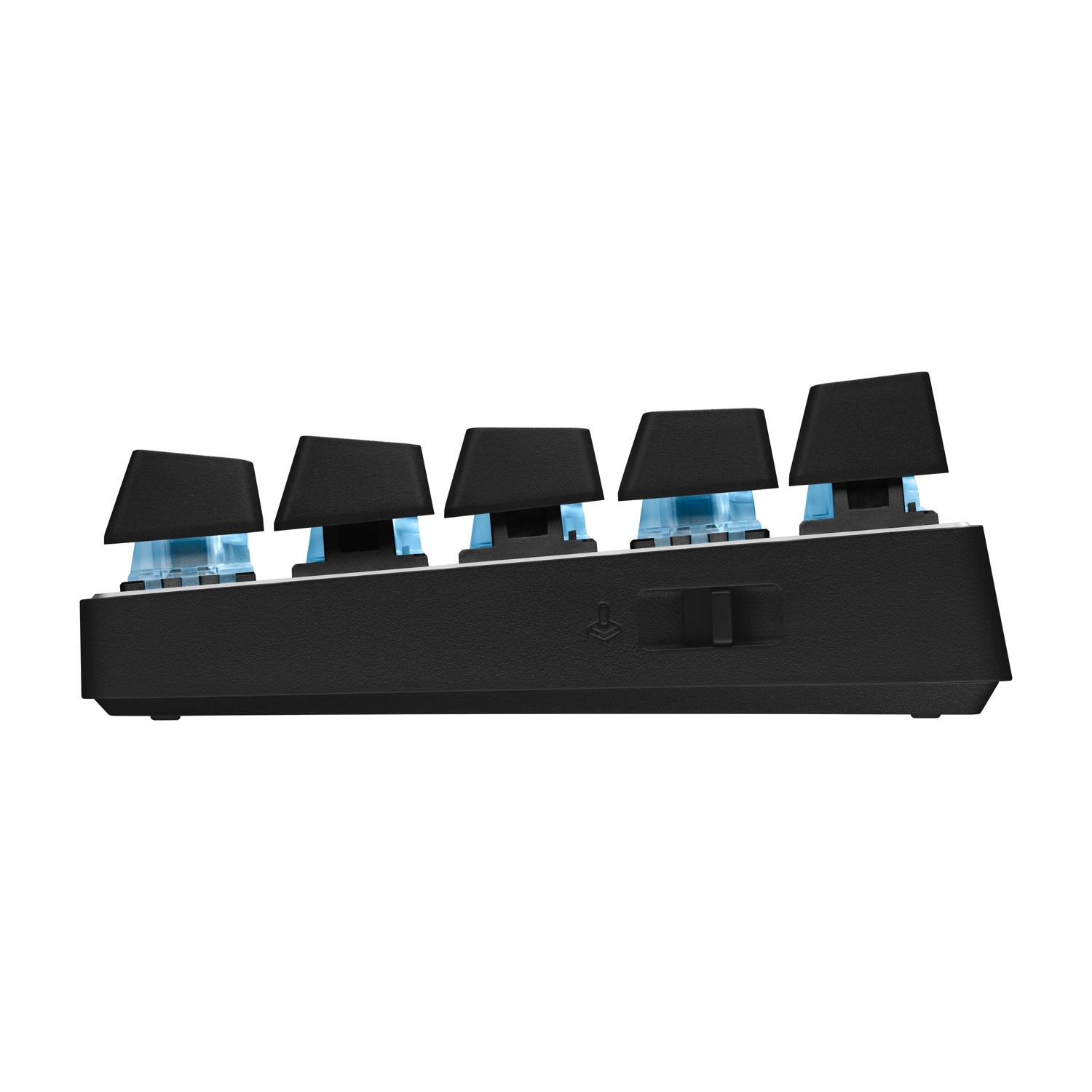 Tastiera, vista laterale, nera con interruttori blu visibili. I tasti sono angolati per l'ergonomia.