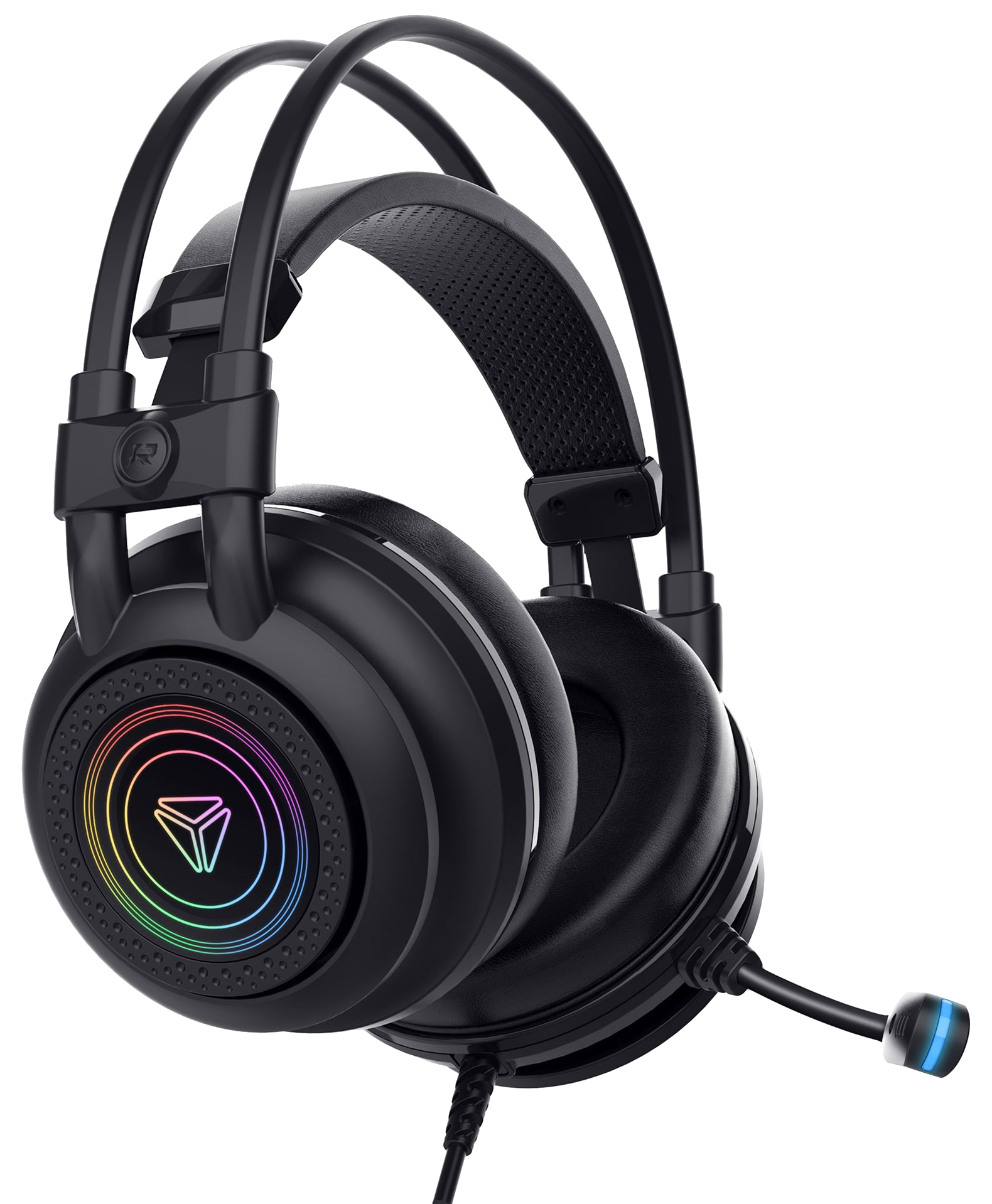 Fekete gamer headset mikrofonnal és színes világítással a fülkagylókon.