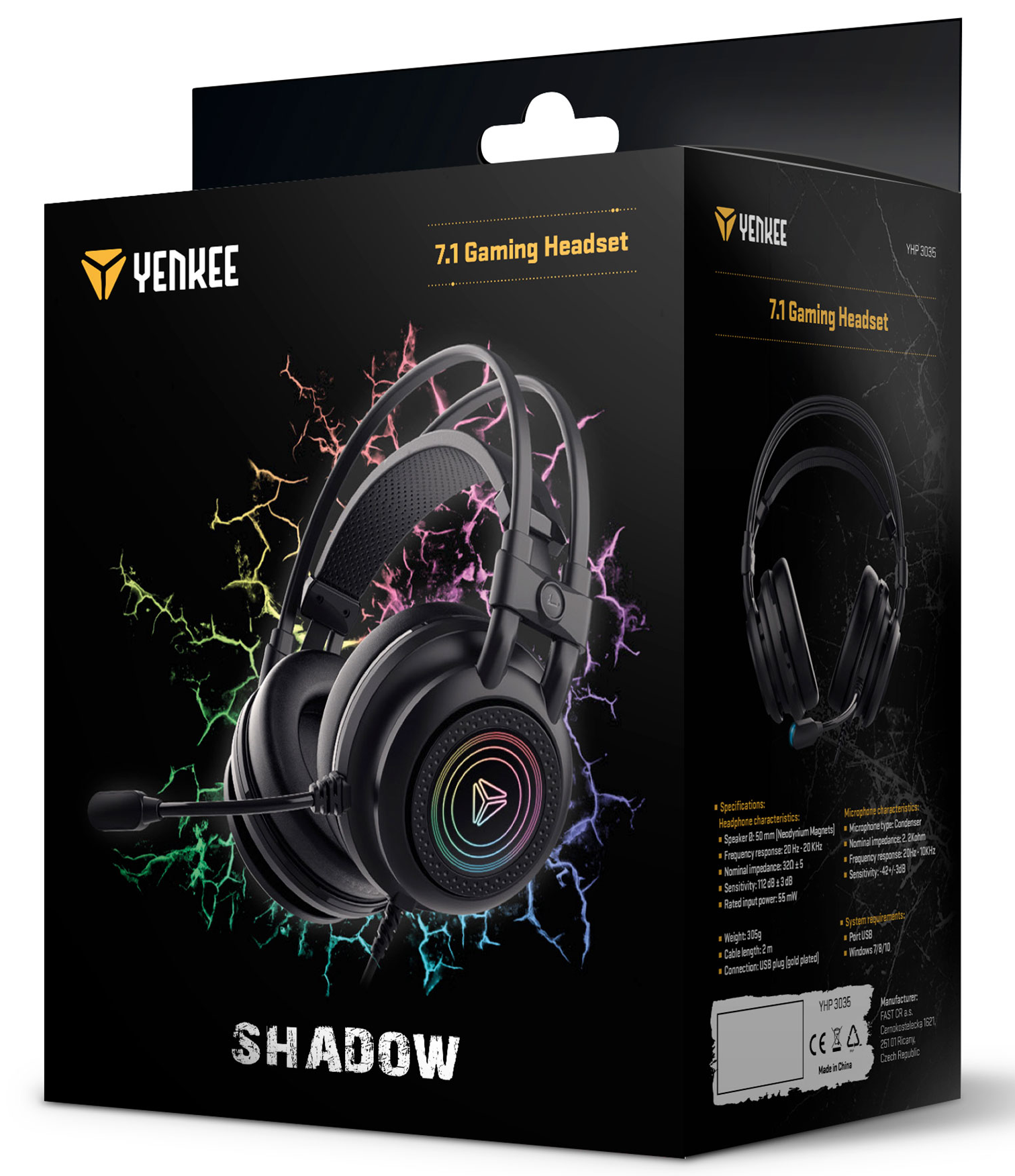 Fekete gamer headset doboz, headset képpel, szivárvány színekkel és specifikációkkal.