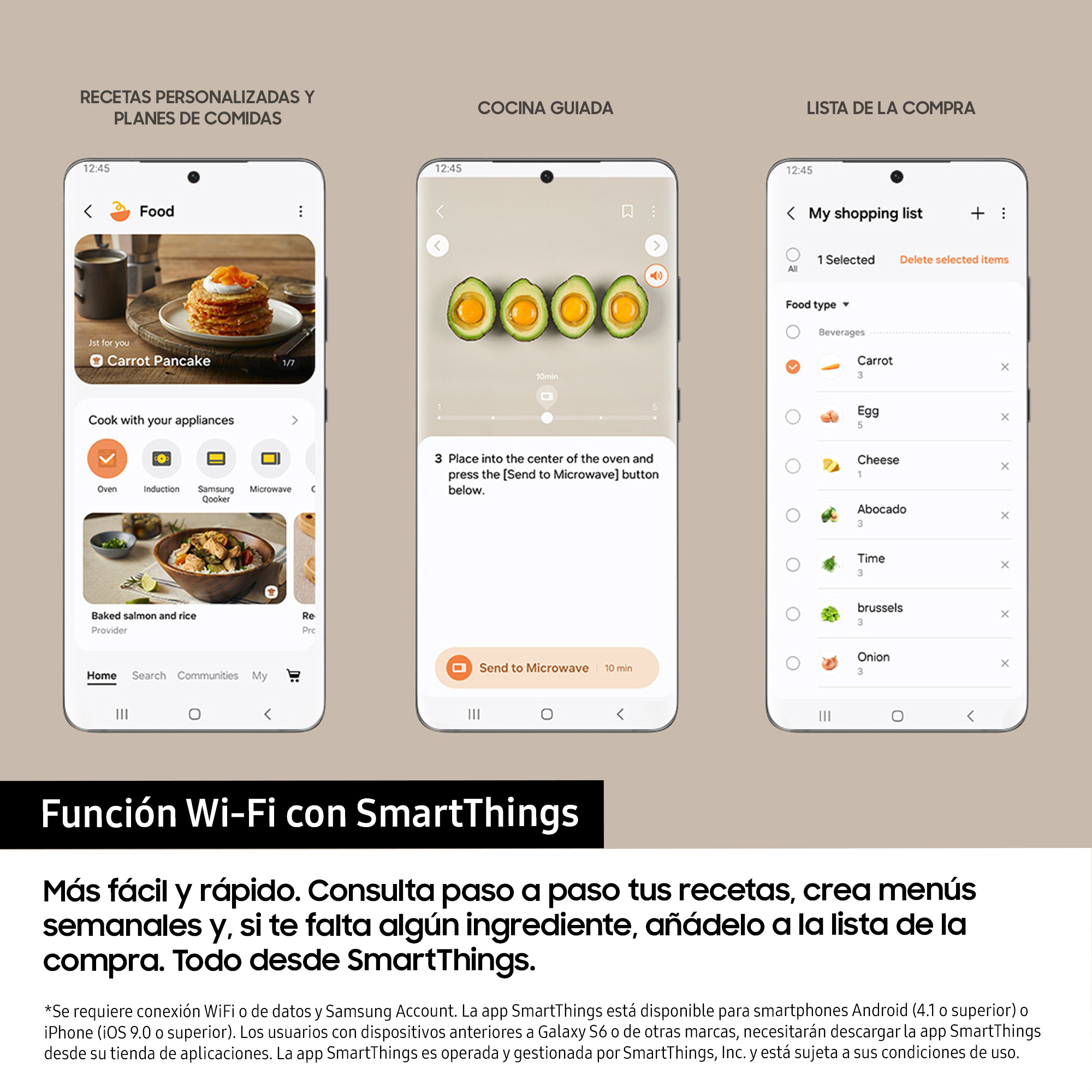 Tres teléfonos muestran una aplicación de recetas con imágenes de comida y una lista de compras.