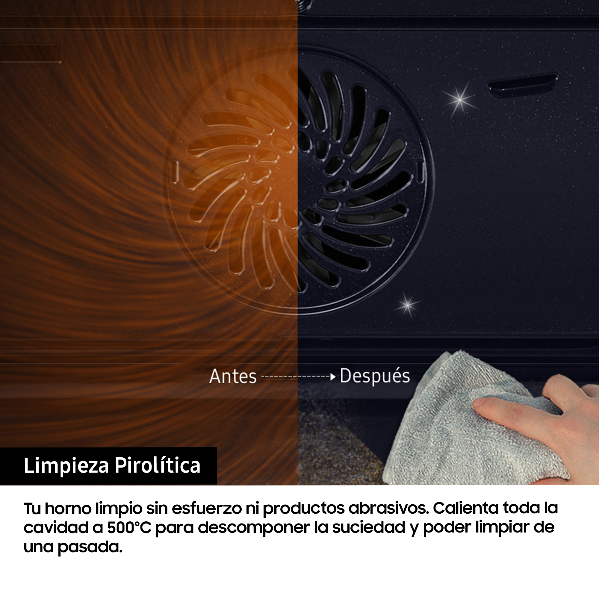 Una comparación del interior del horno muestra antes y después de la limpieza. Utiliza limpieza pirolítica.