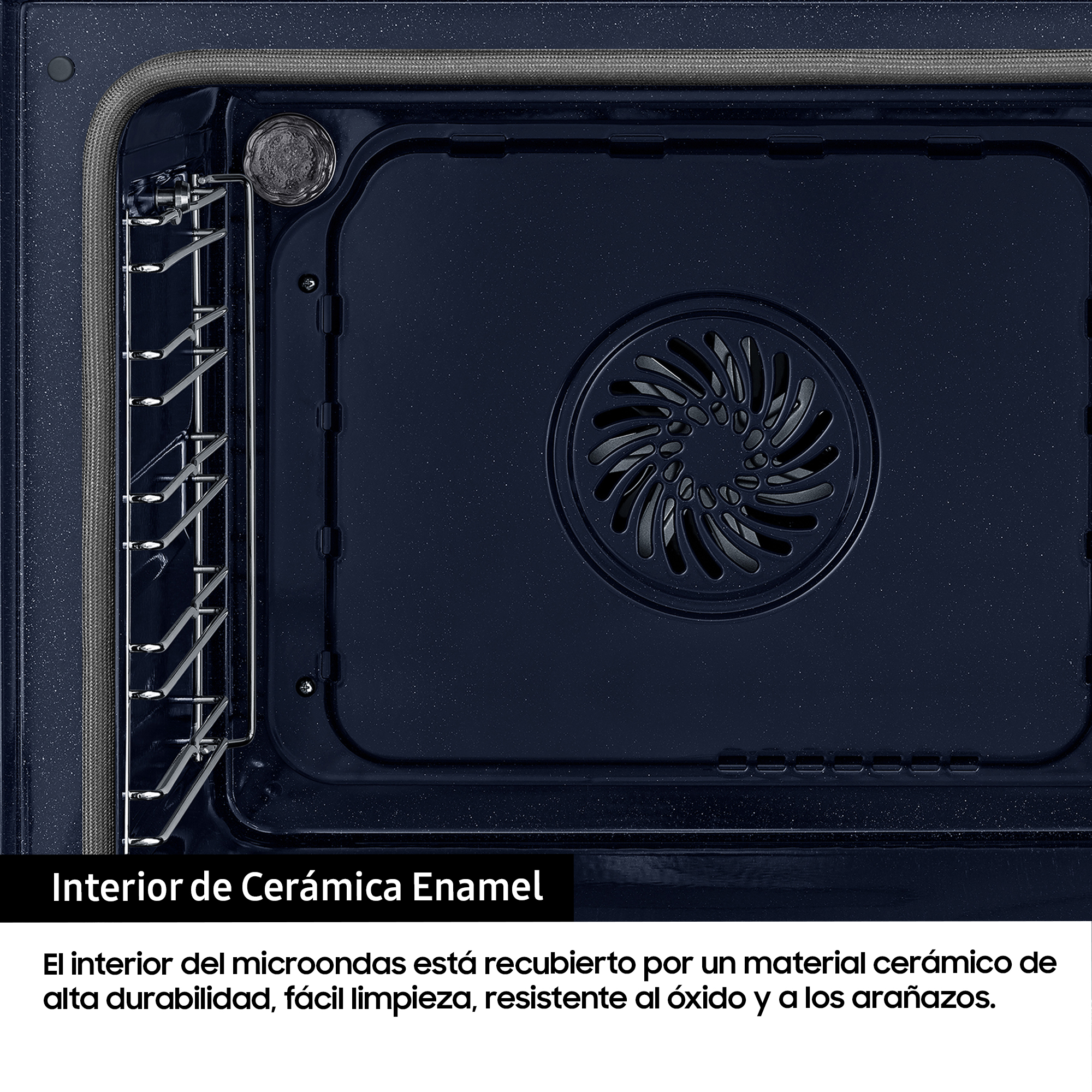 Interior del horno microondas. Esmalte cerámico azul oscuro. Texto: Interior de Cerámica Enamel.