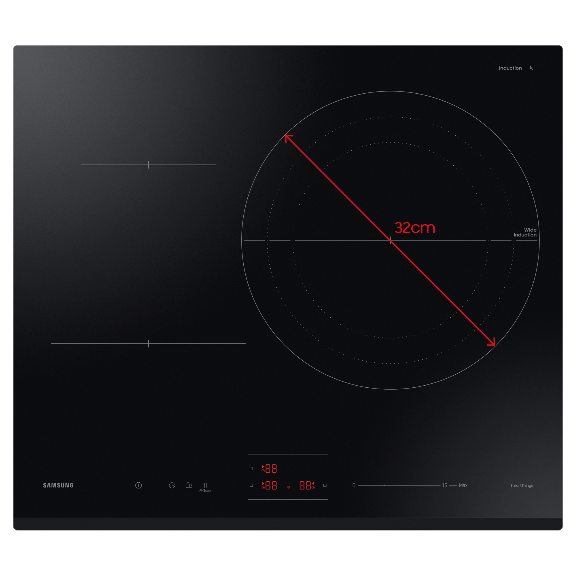 Placa de inducción negra con tres zonas de cocción y pantallas digitales rojas. Se destaca un círculo de 32 cm.