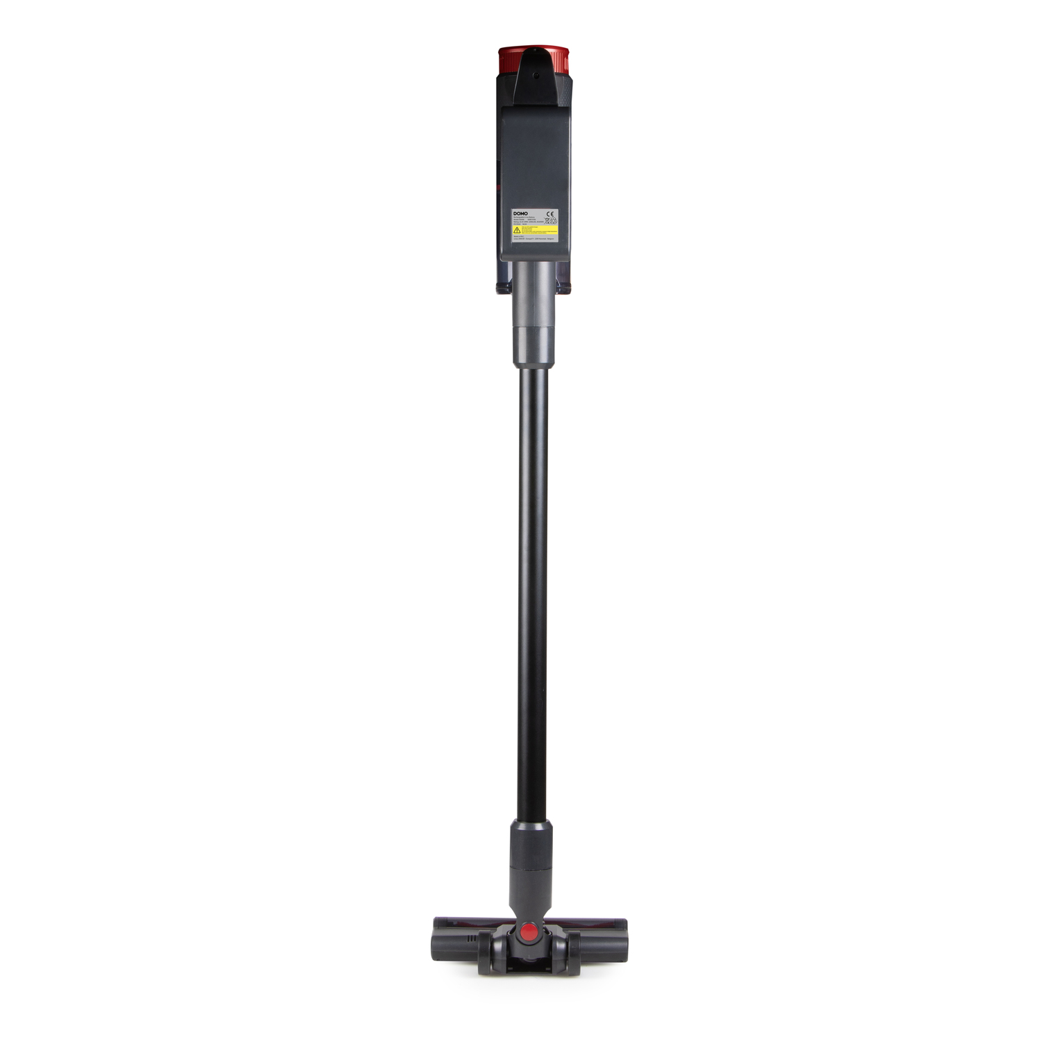 A black vacuum cleaner on a white background, with a long handle and a red button.
