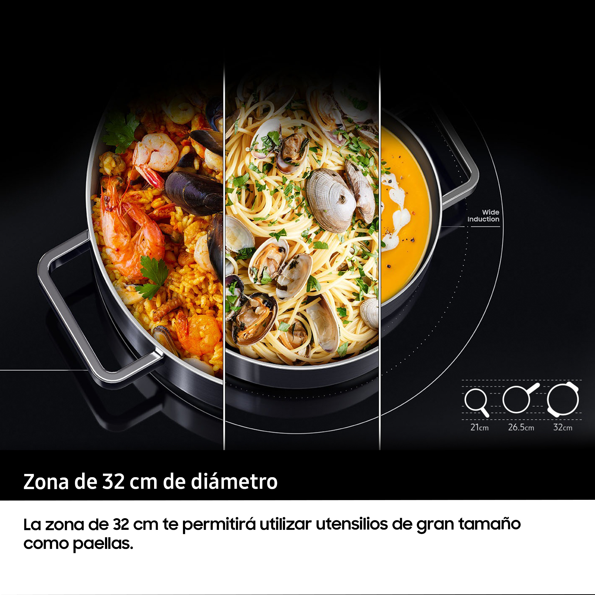 Una placa de inducción negra muestra tres zonas de cocción con comida: paella, espaguetis con almejas y sopa. El texto está en español.