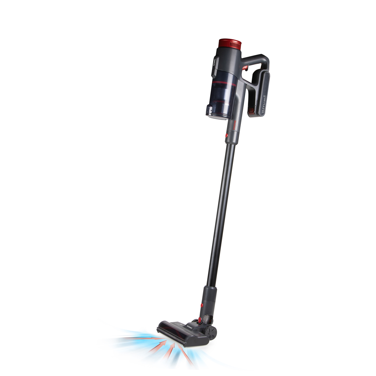 A cordless vacuum cleaner. The body is black and red, with a long handle and a brush at the end.