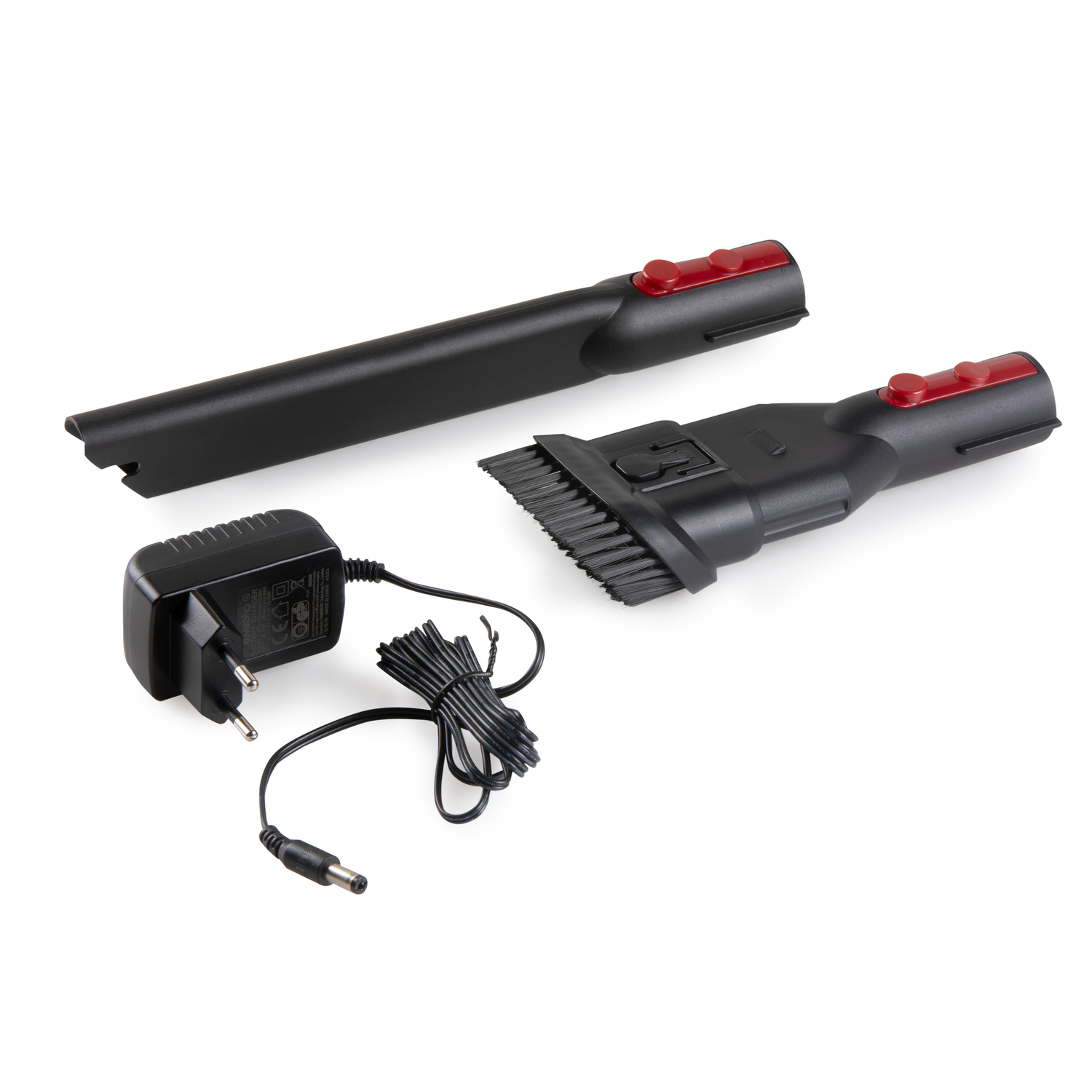 Vacuum cleaner accessories: a long nozzle, a brush head, and a charger with a black cable.