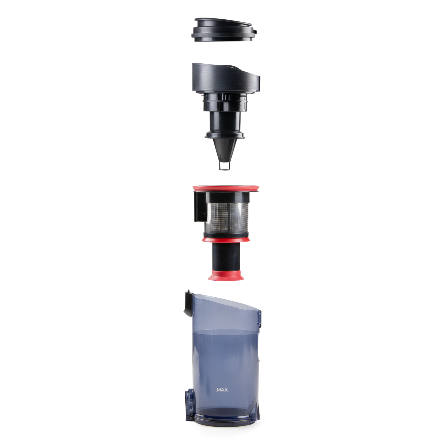 Exploded view of a vacuum cleaner's internal components, showing the filter, dust container, and top.