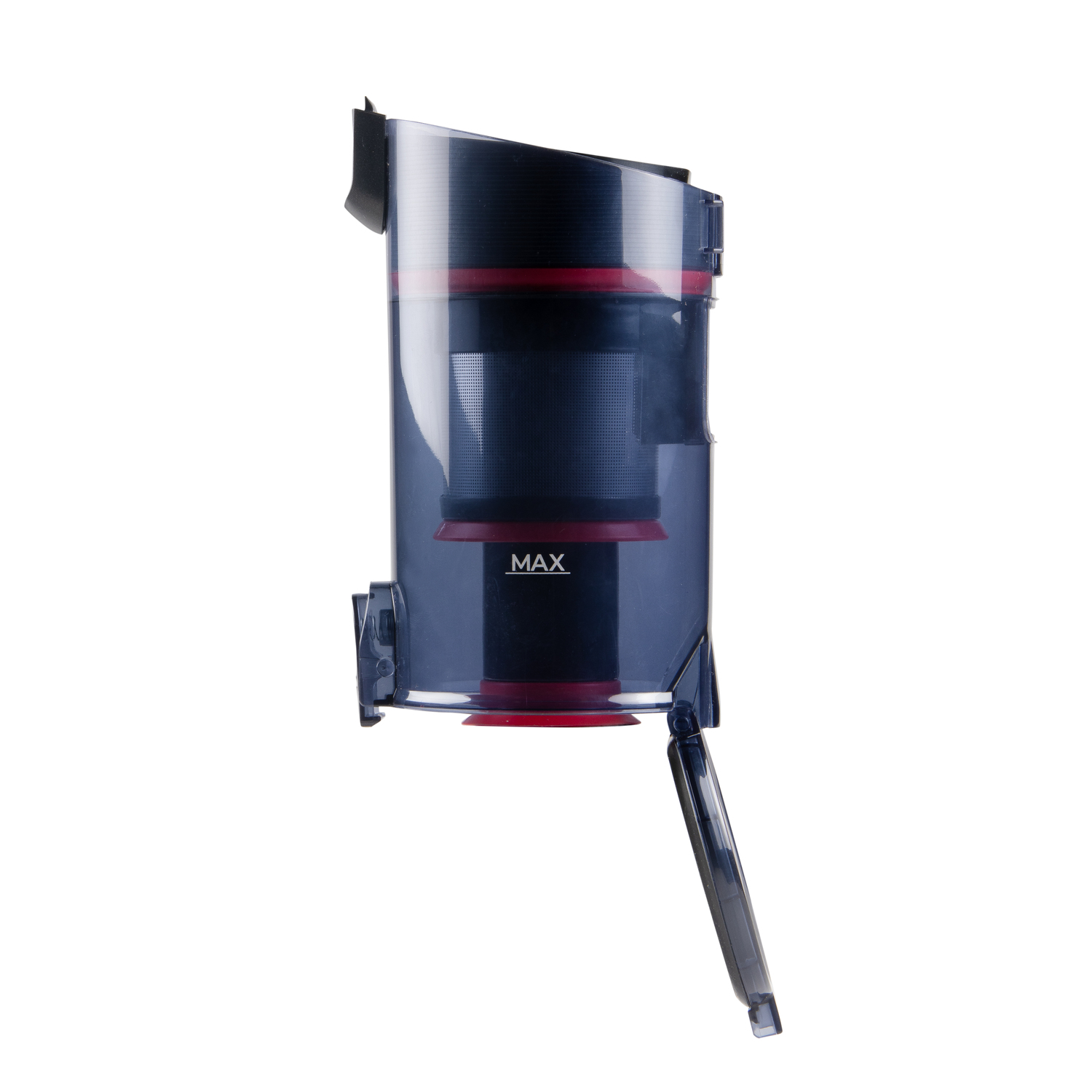 A cylindrical vacuum cleaner bin, with a filter, in dark blue and red.