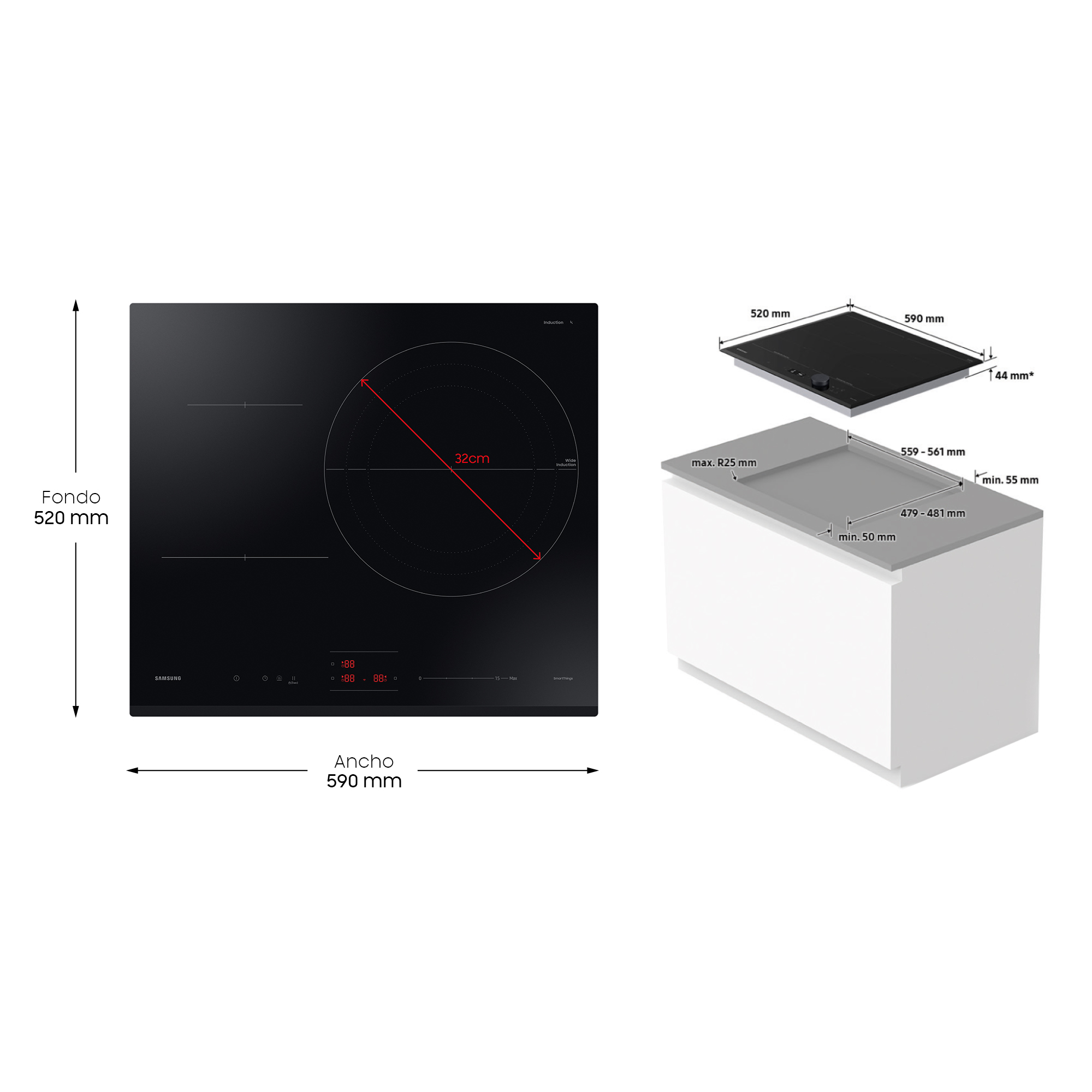 Placa de inducción Samsung negra con dimensiones y contorno de armario blanco. Fondo blanco.