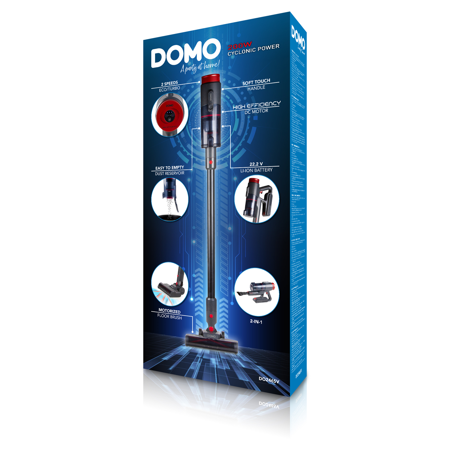 Boxed black and red vacuum cleaner. Features include 2 speeds, a soft handle, and a motorized brush.
