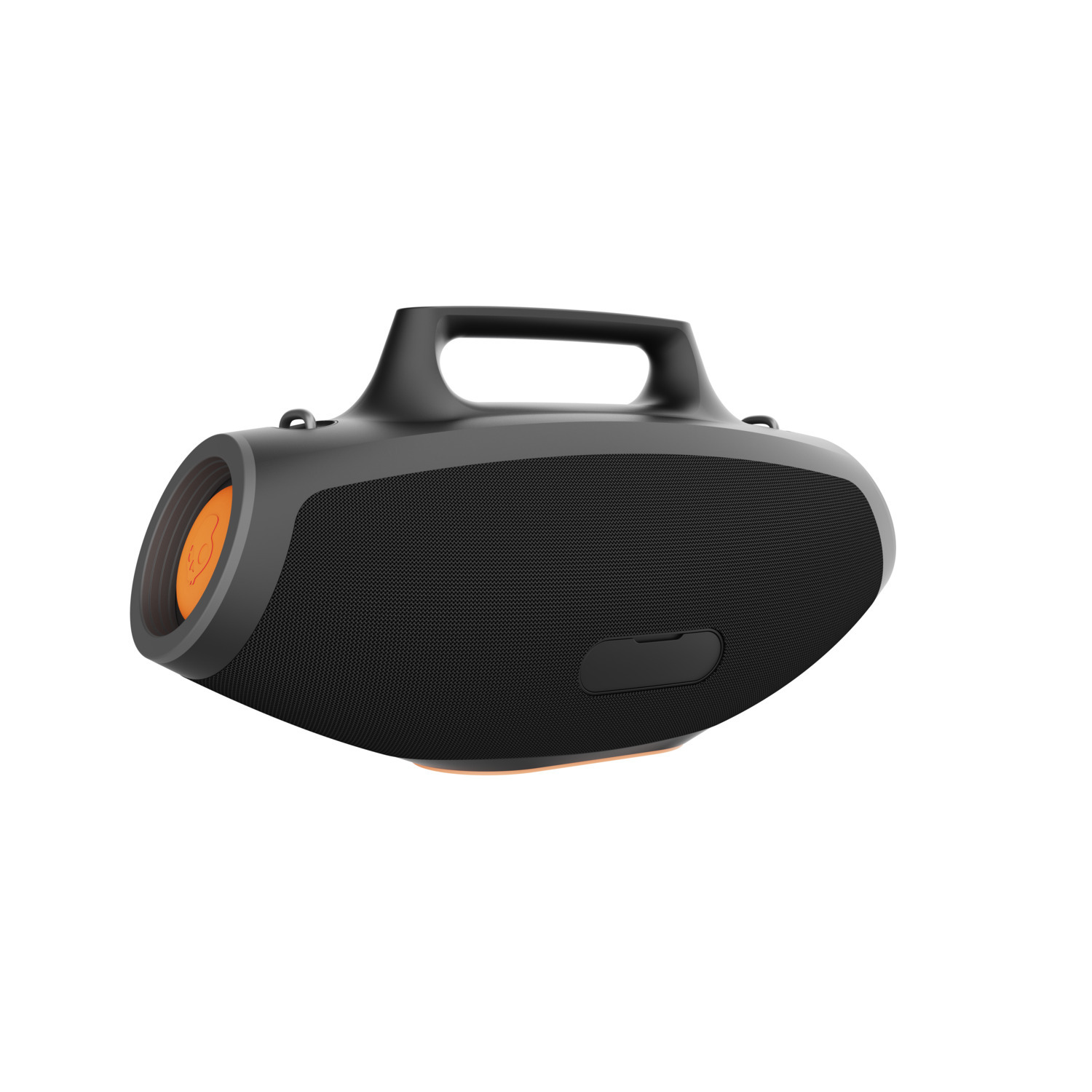 Black and gray speaker, oval shape with orange accents.