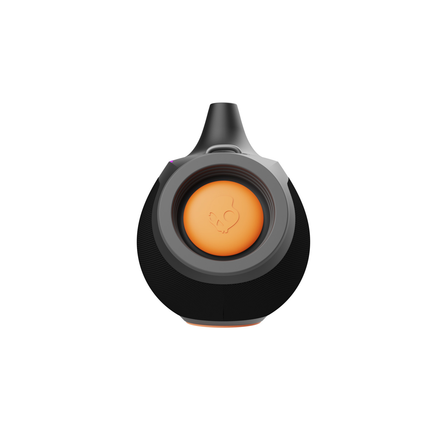 Black and orange Skullcandy speaker. The speaker has a circular shape and a prominent orange button.