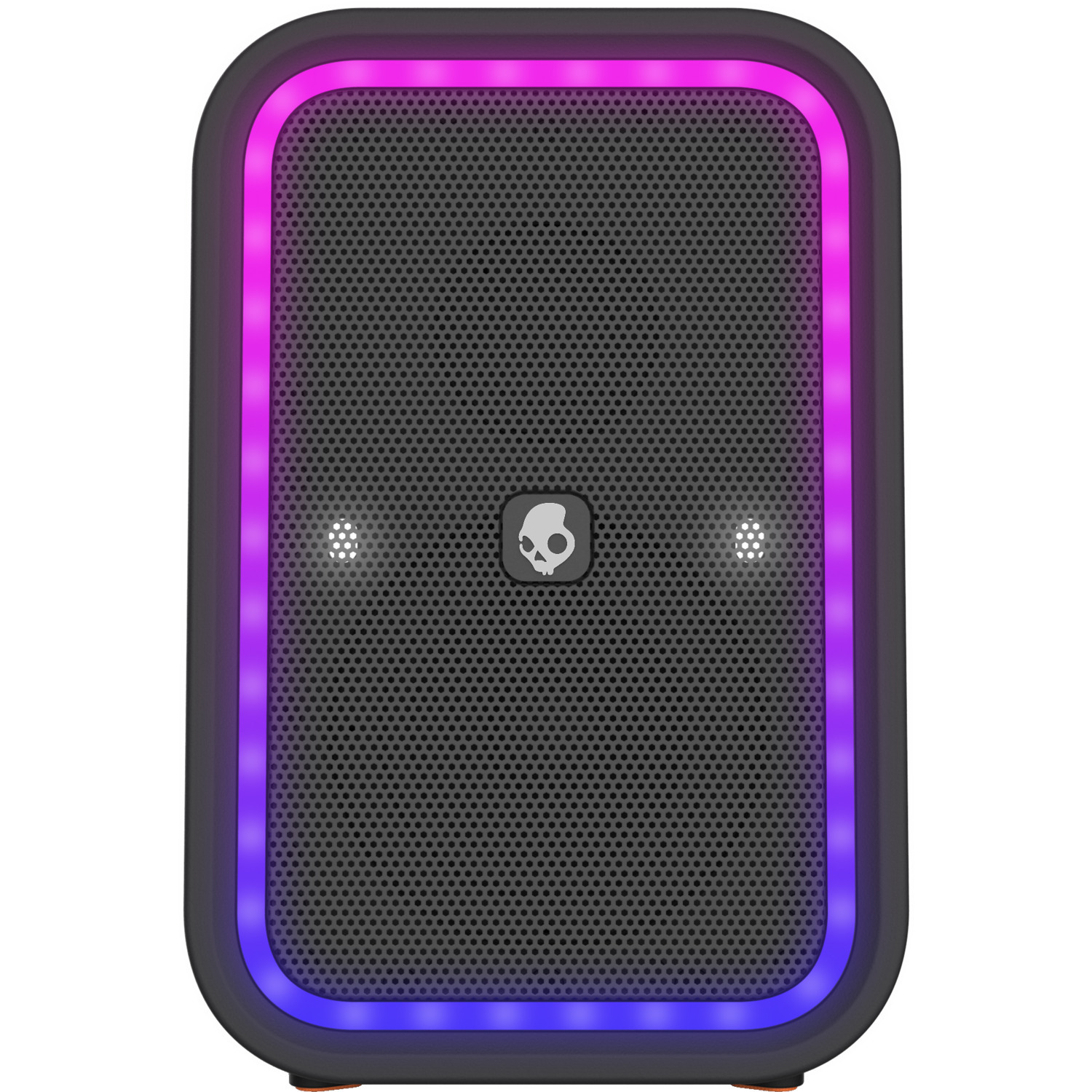 Zwarte luidspreker met een rooster aan de voorkant en een kleurrijke rand. Skullcandy-logo in het midden.