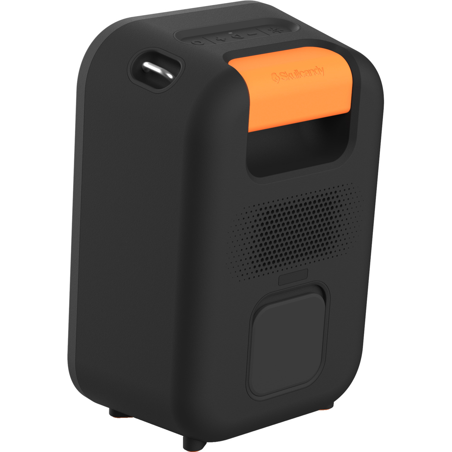 Zwarte Skullcandy-luidspreker met een oranje handvat en een roosterachtige opening.
