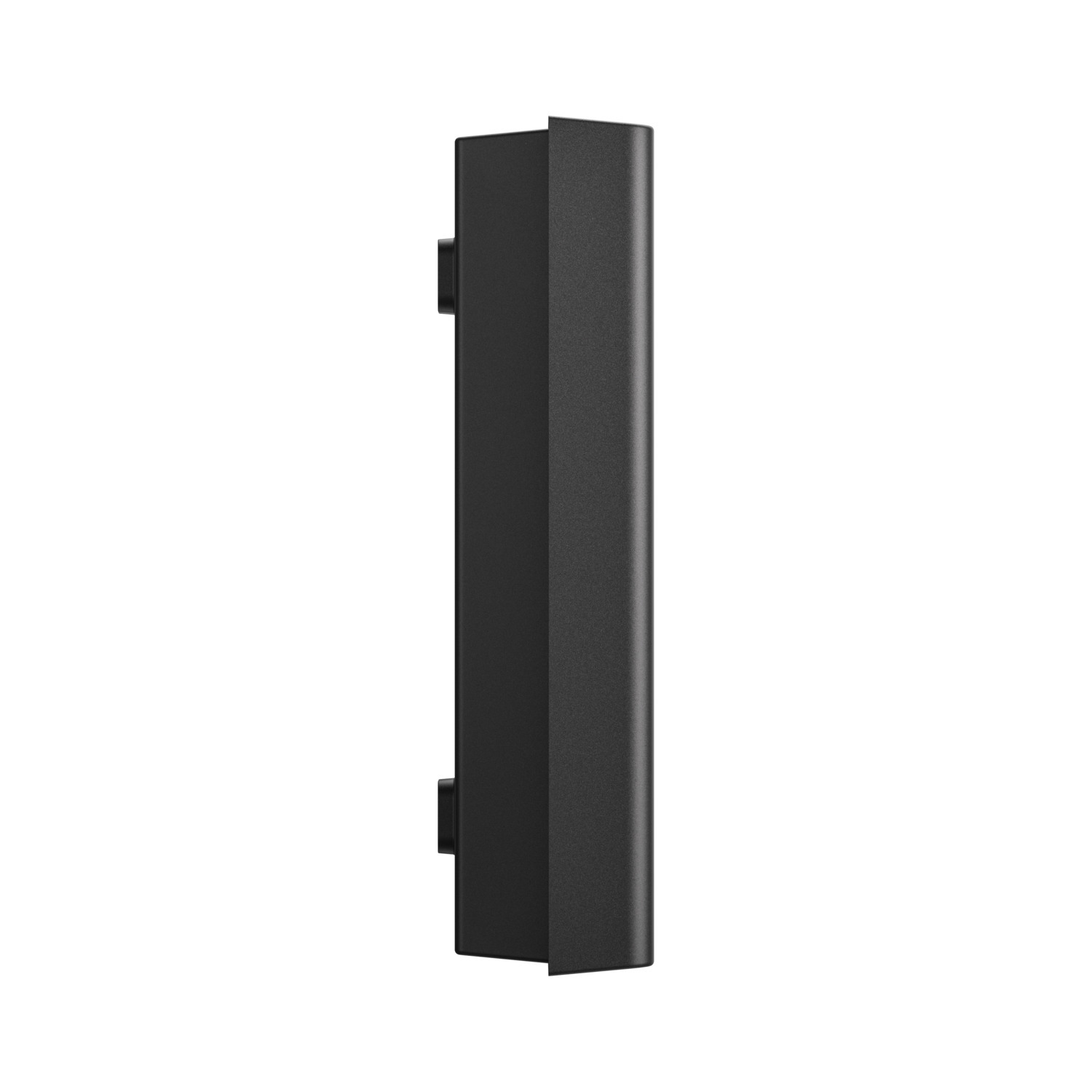 Un objet noir, rectangulaire et solide, probablement un appareil ou un composant, sur fond blanc.