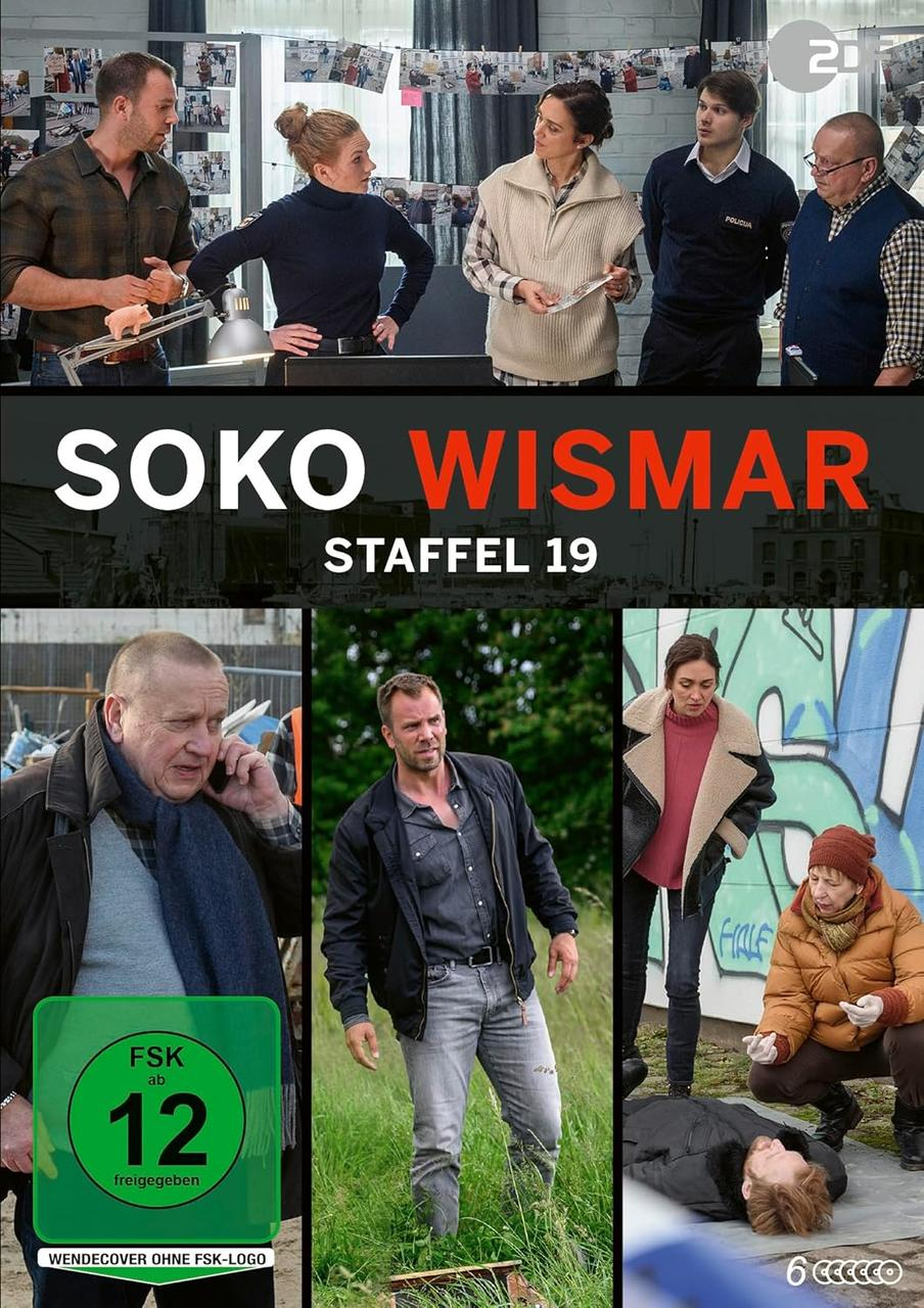 Poster für die TV-Show 'SOKO Wismar' mit Fotos der Darsteller und einer Szene mit einer Leiche.