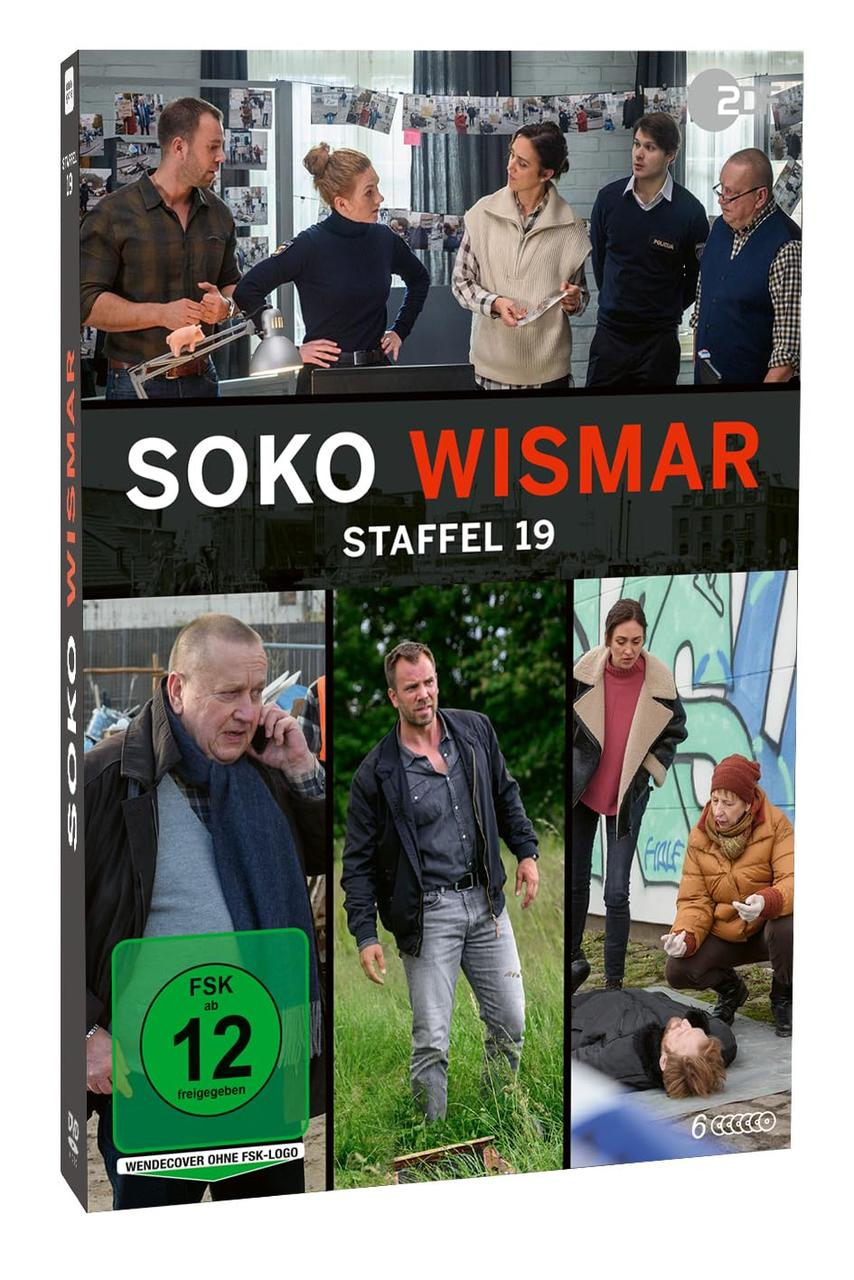 DVD-Hülle von Soko Wismar Staffel 19. Eine Gruppe von Personen und eine Leiche.