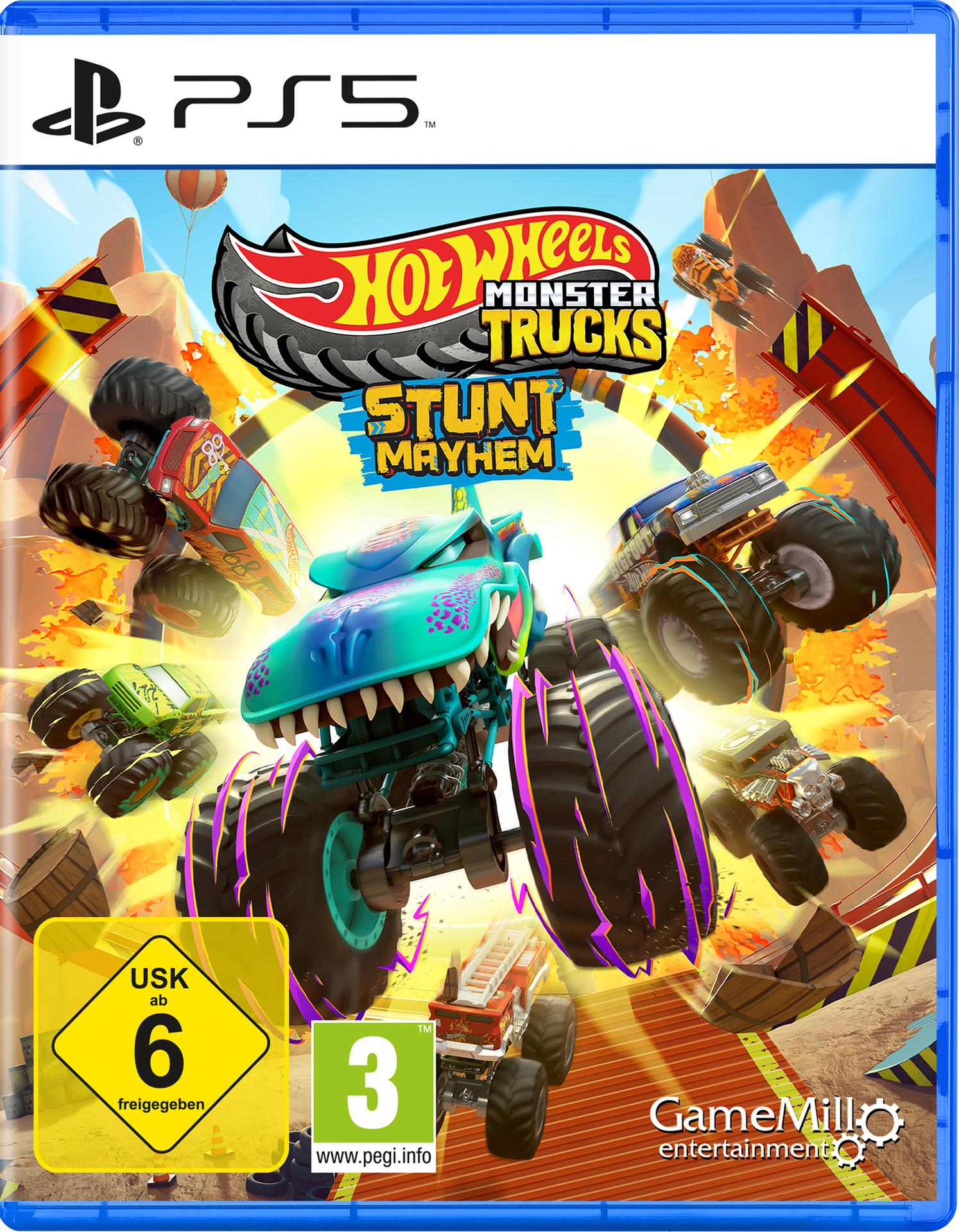 Eine Spielhülle für Hot Wheels Monster Trucks Stunt Mayhem mit Monster Trucks in Aktion. PlayStation 5 Logo.
