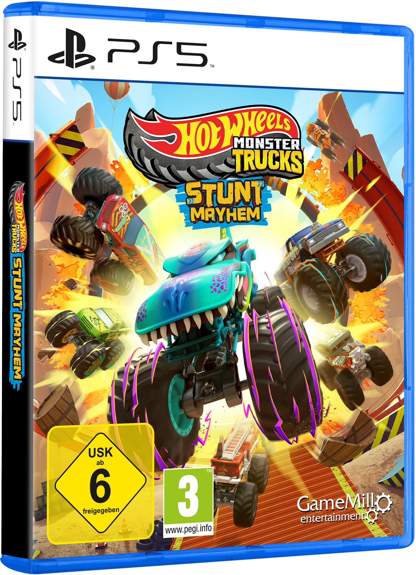 Eine PS5-Spielbox für Hot Wheels Monster Trucks Stunt Mayhem. Mit Monstertrucks und blauem Hintergrund.