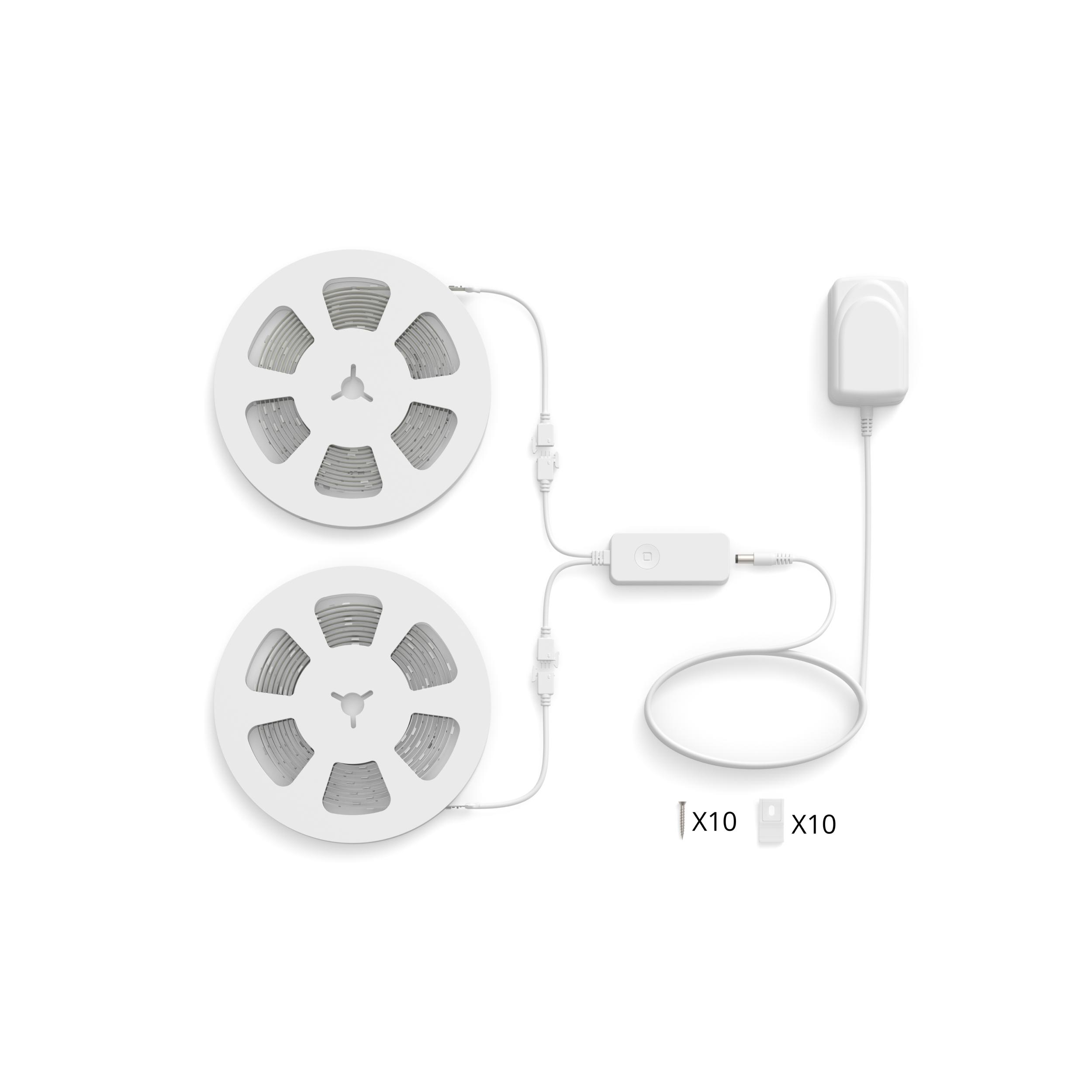 Zwei weiße Lichtstreifen, die mit einer Steuereinheit und einem Netzteil verbunden sind. Das Setup ist weiß.