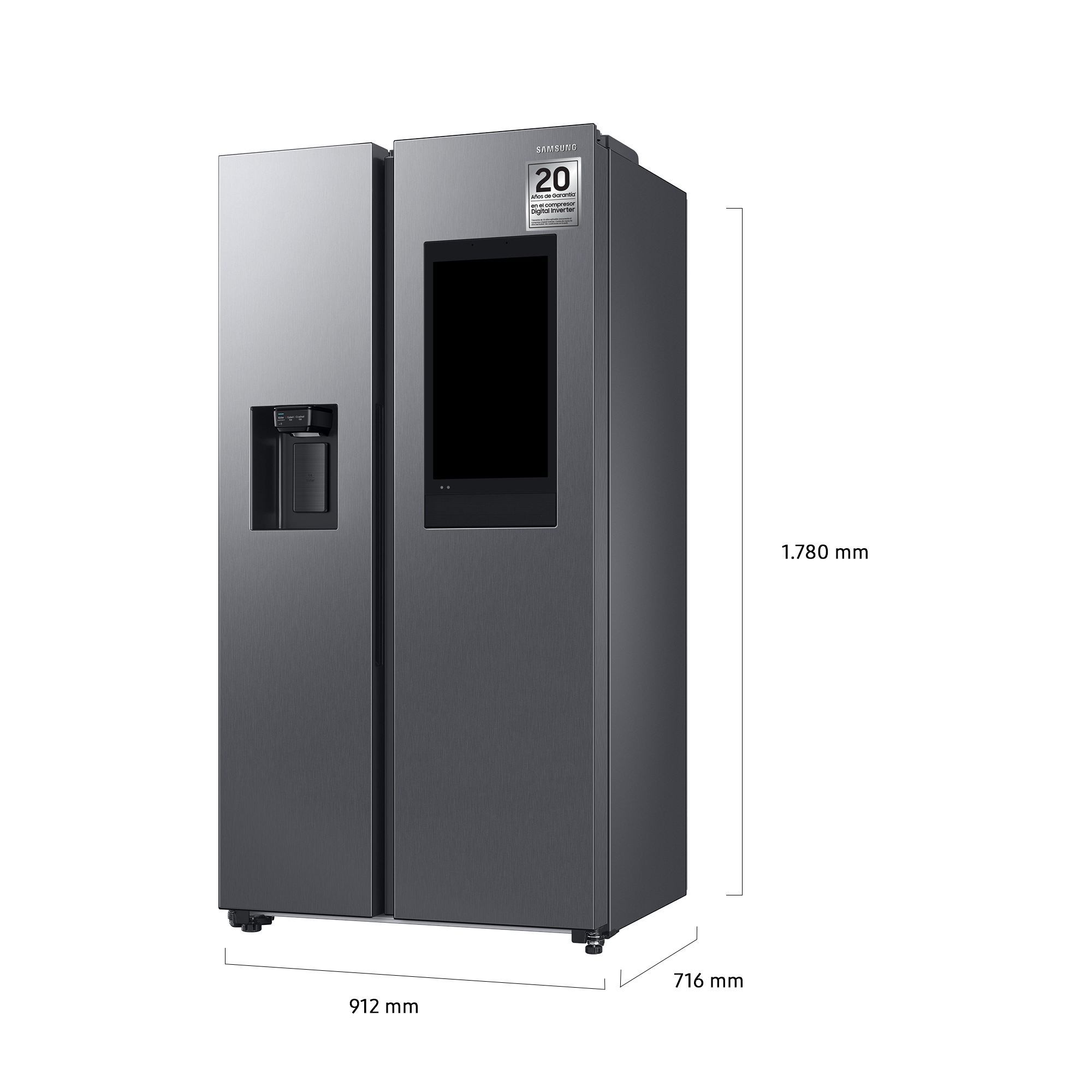 Refrigerador lado a lado gris oscuro con dimensiones: 912x716x1780 mm.