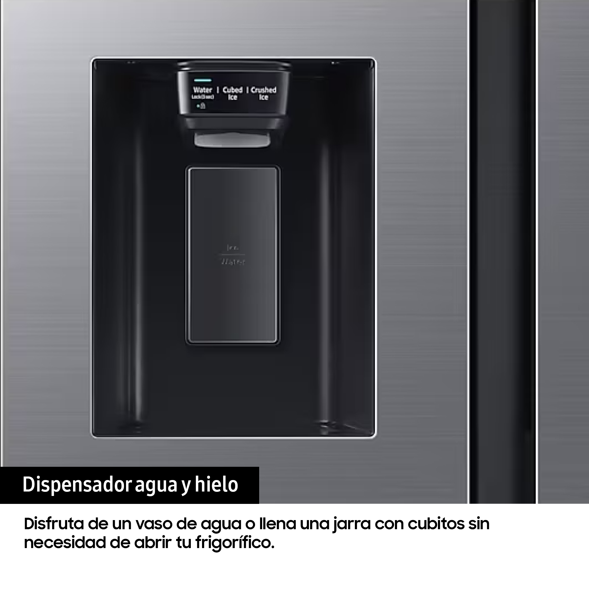 Primer plano de un dispensador de refrigerador con opciones de agua y hielo, con texto en español.