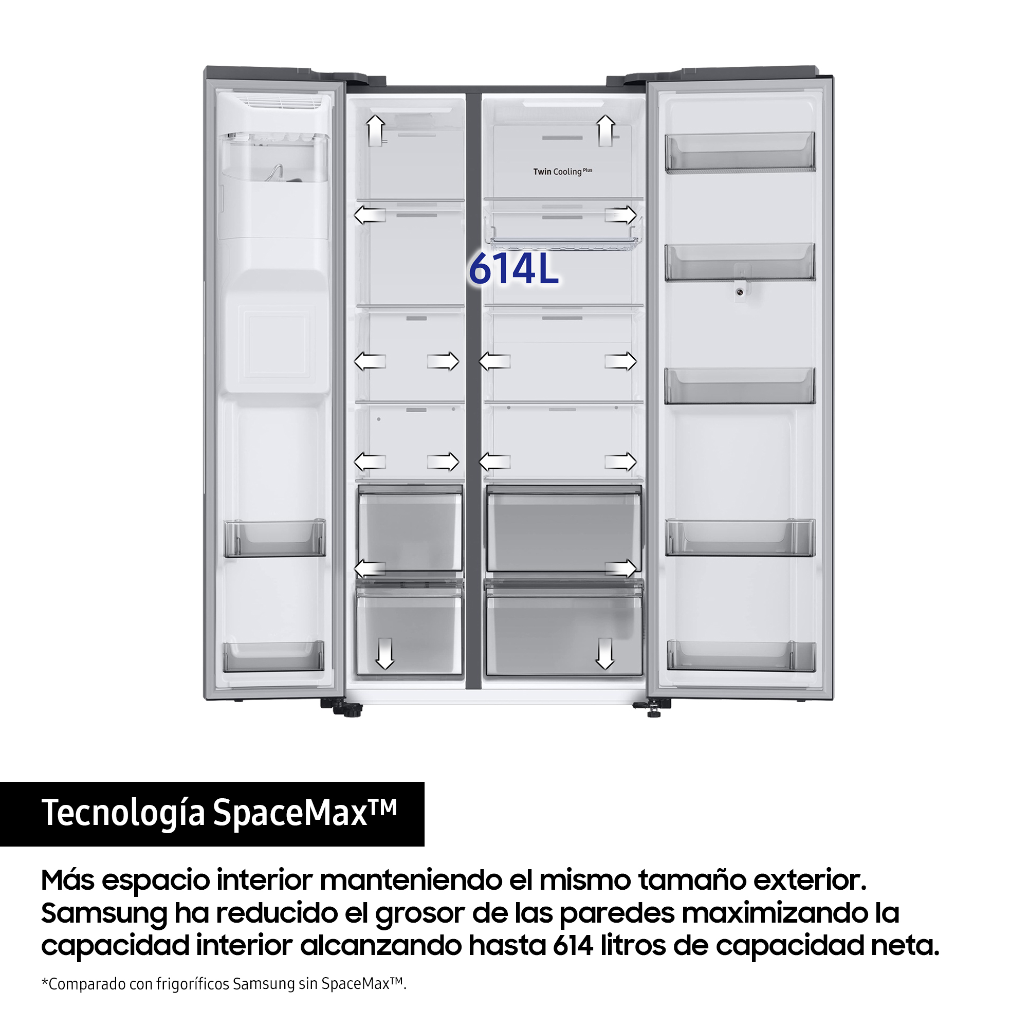 Refrigerador abierto con compartimentos etiquetados. Texto: Tecnología SpaceMax. Capacidad de 614L.