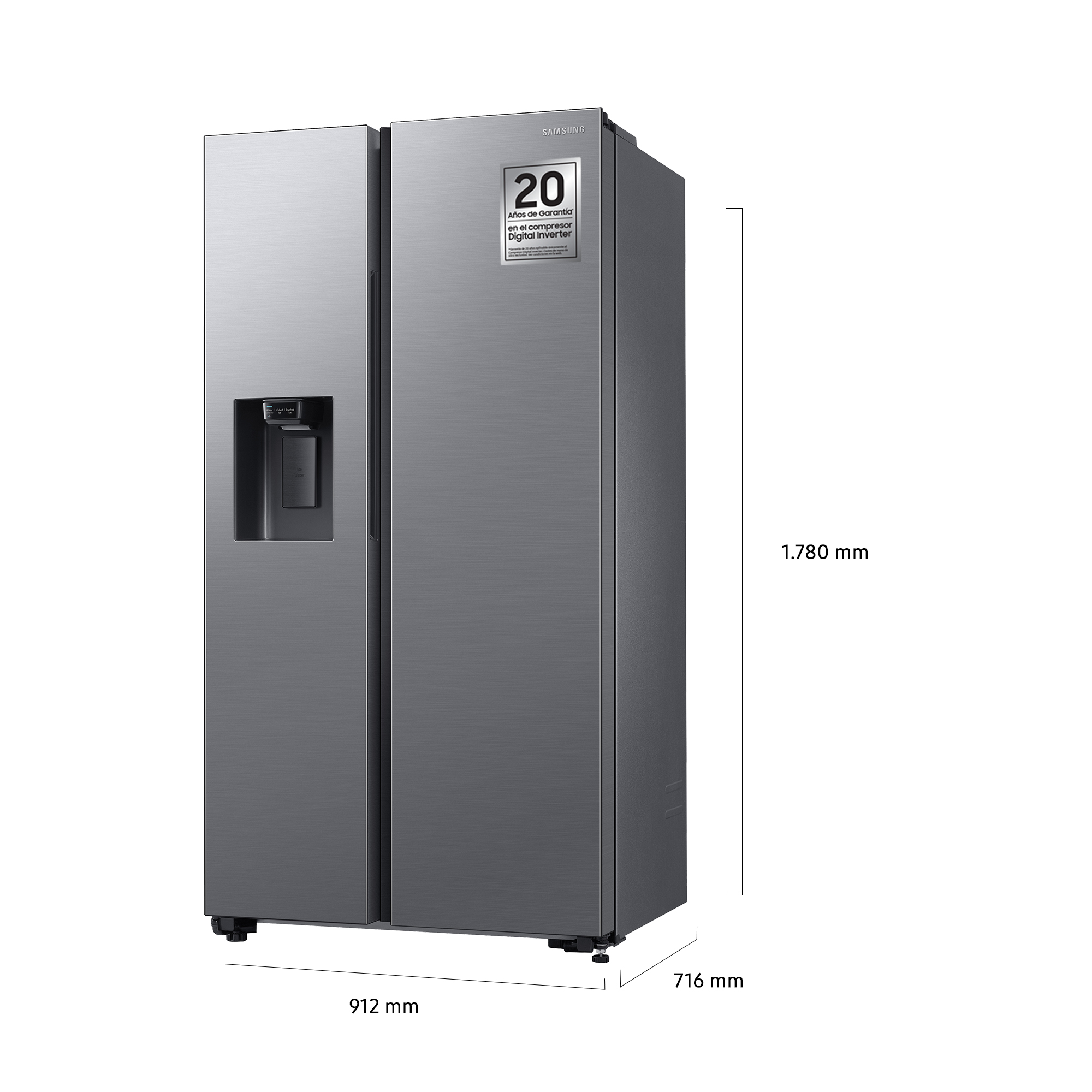 Refrigerador plateado de dos puertas, dispensador de agua y dimensiones mostradas junto a él.