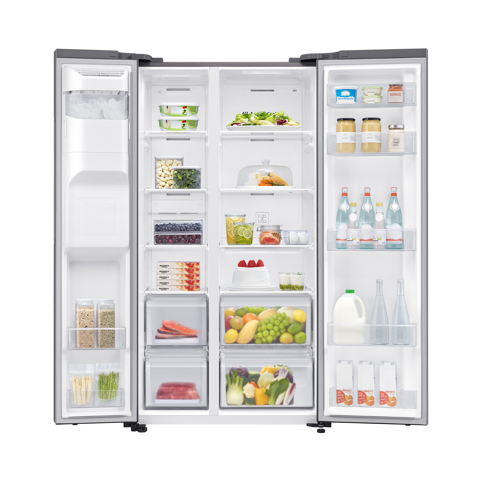 Un refrigerador con ambas puertas abiertas, lleno de alimentos y bebidas.