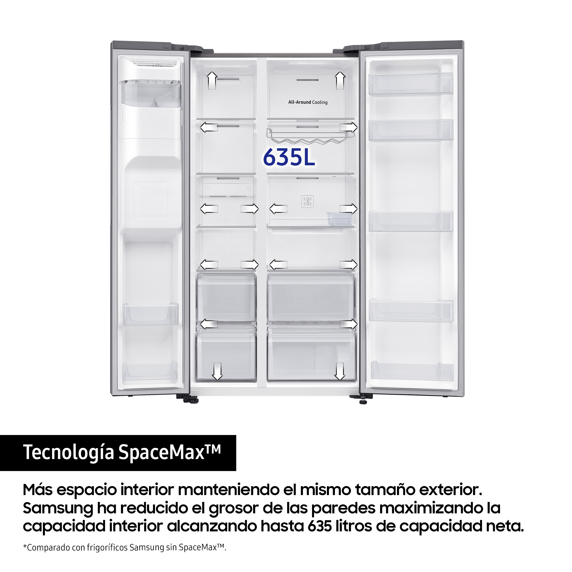 Refrigerador con puertas abiertas, mostrando el almacenamiento interior.