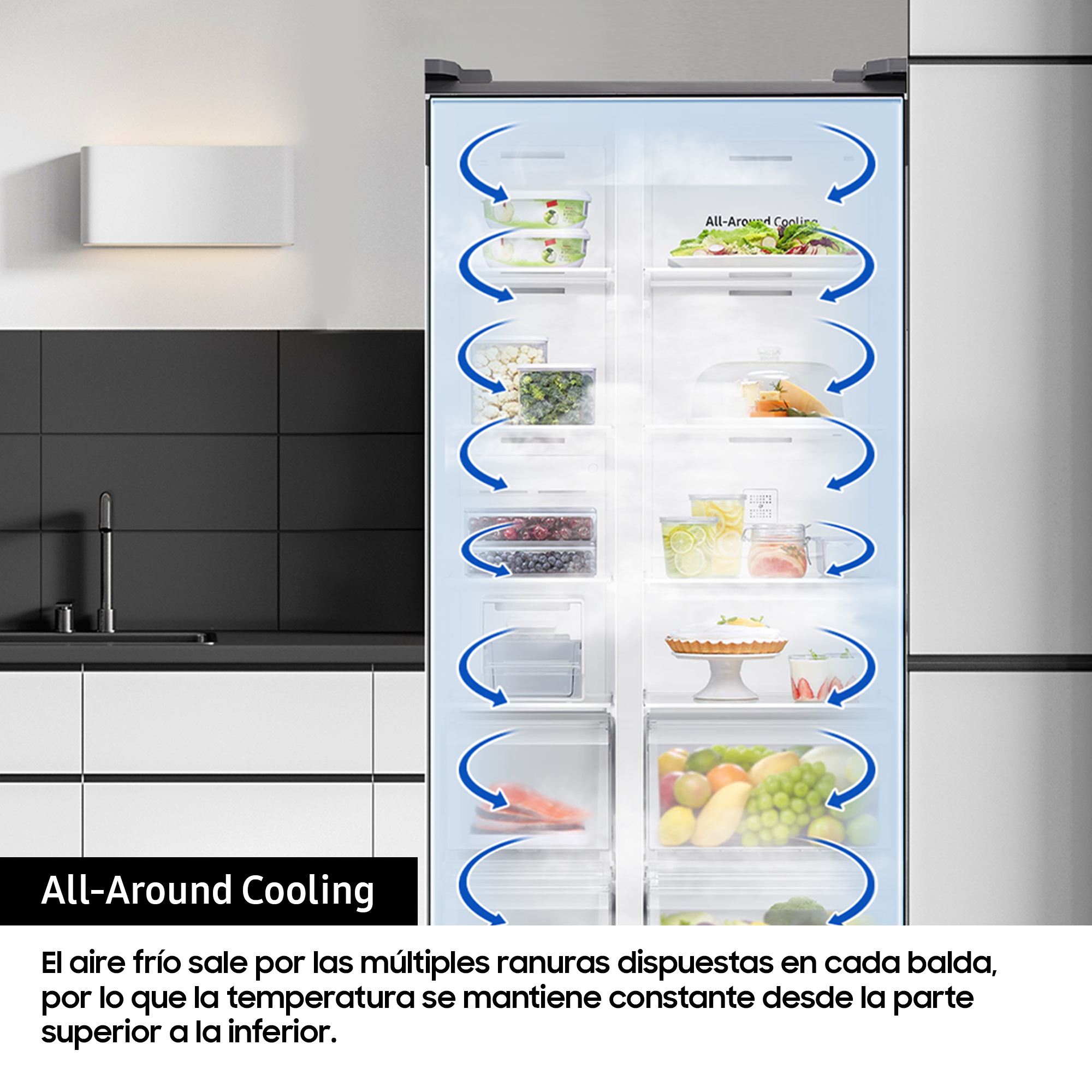 Refrigerador lado a lado con puertas abiertas, mostrando contenido. Flechas azules indican All-Around Cooling.