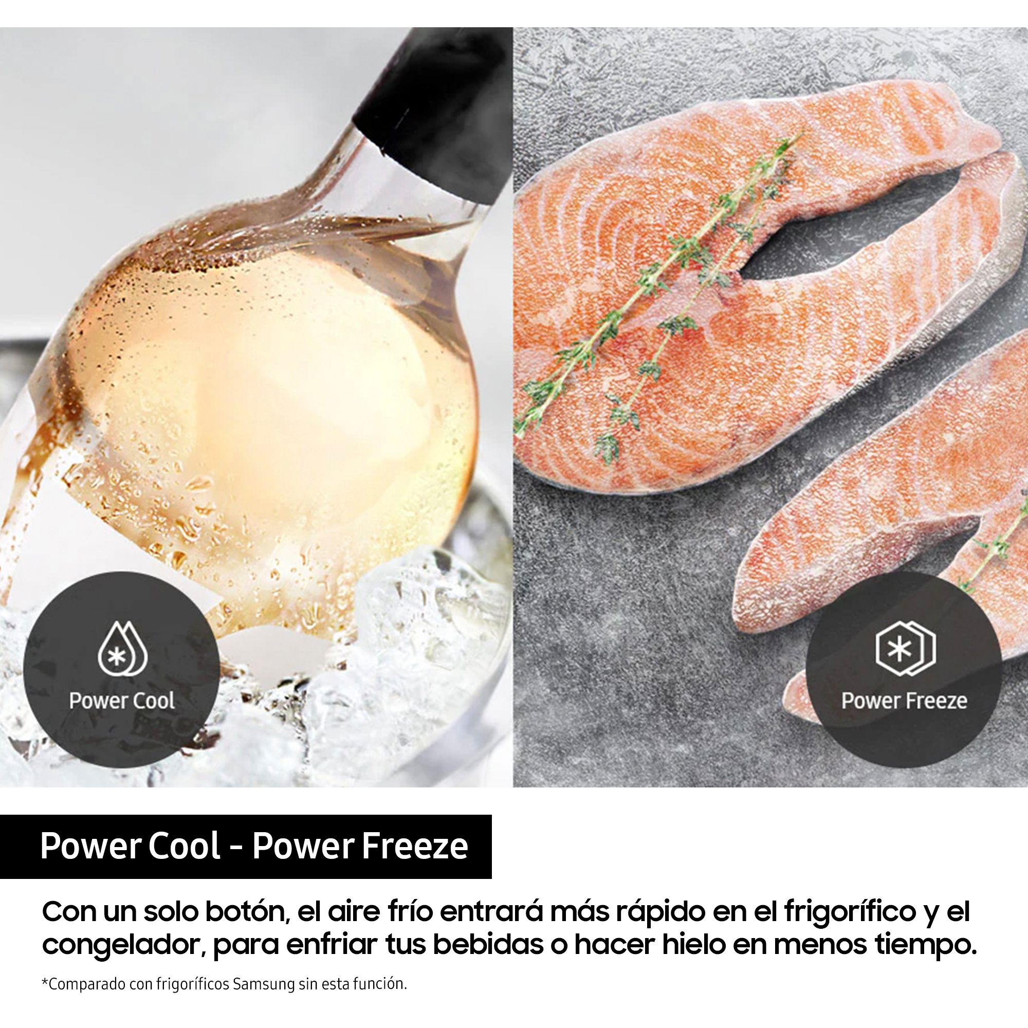 La imagen muestra vino en hielo y filetes de salmón. Las etiquetas dicen Power Cool y Power Freeze.