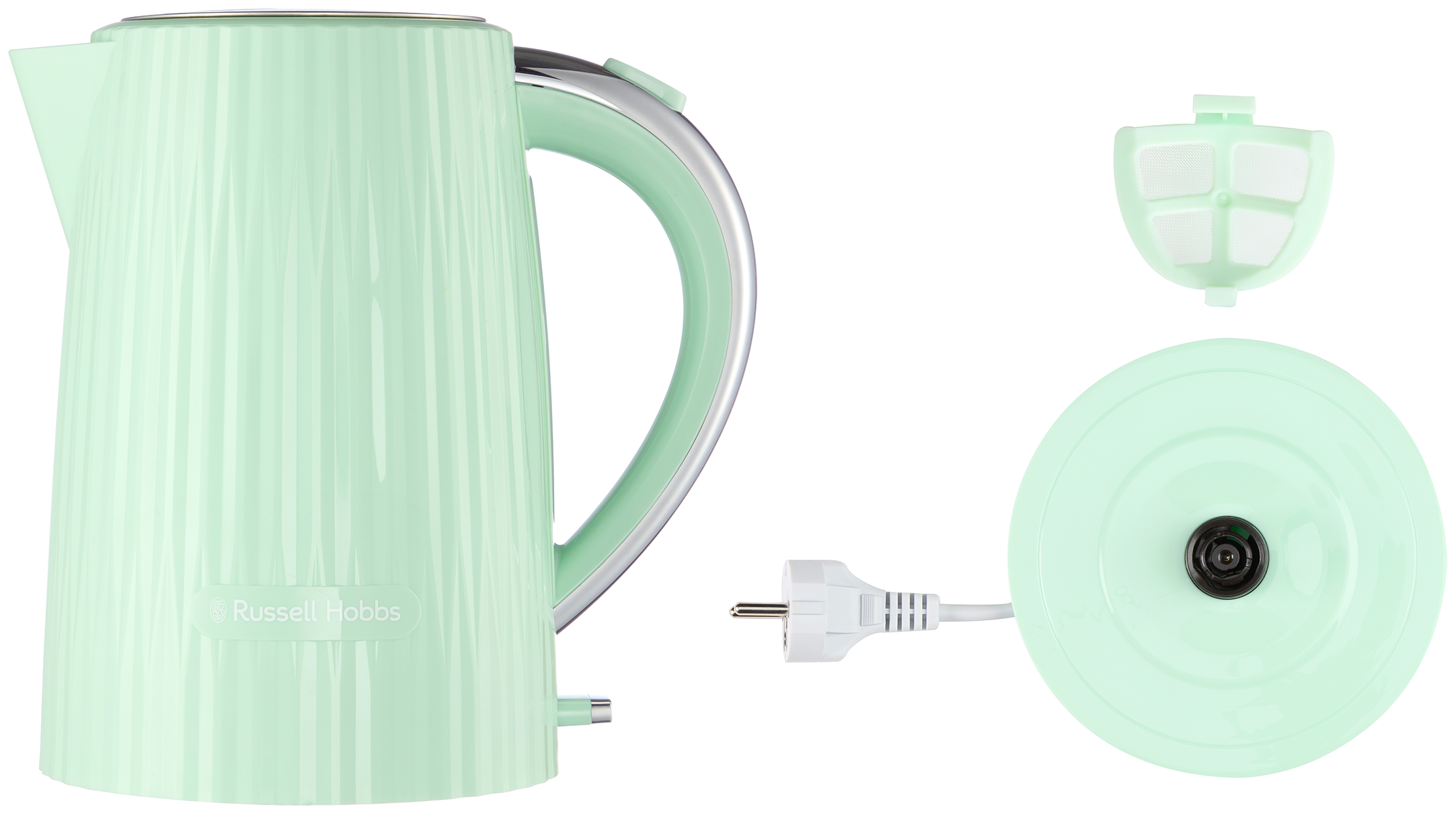 Menta zöld Russell Hobbs vízforraló külön talppal és szűrővel. Fehér háttér.