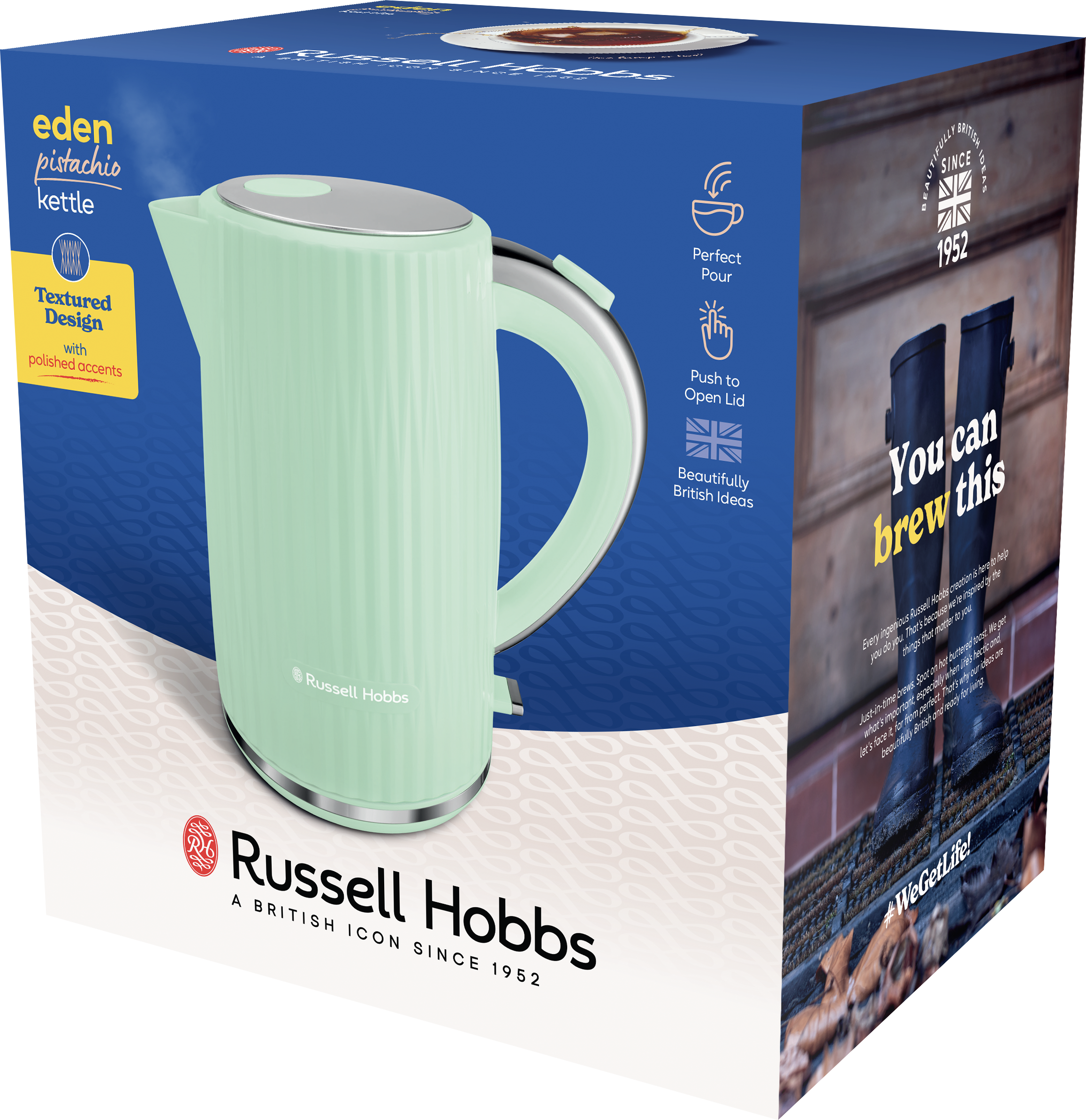 Pisztácia színű vízforraló gőzzel. A dobozon a 'Russell Hobbs' és a 'Beautifully British Ideas' felirat látható.