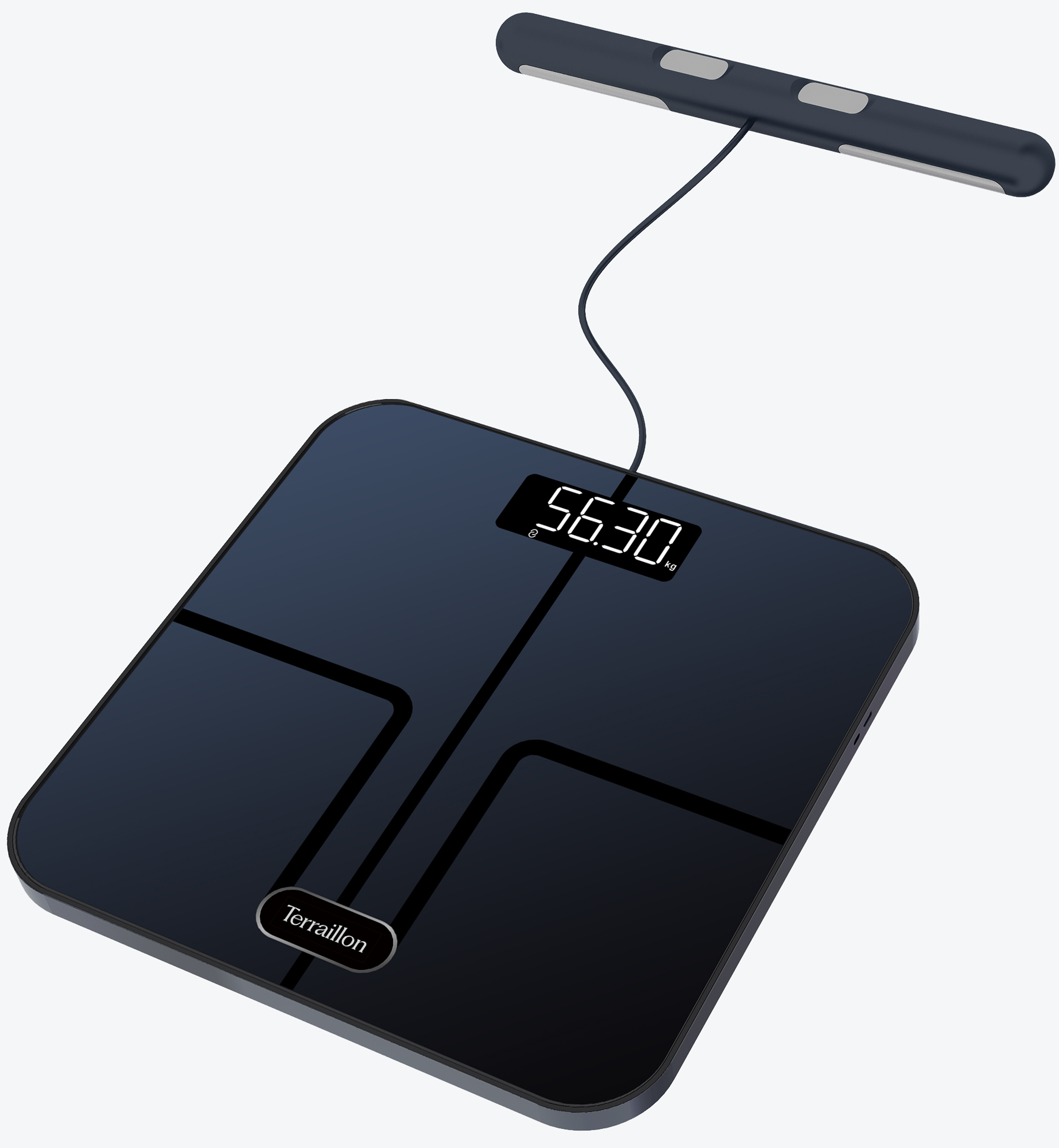 Una bilancia digitale blu scuro con maniglia collegata mostra 56,30 kg. Lo sfondo è bianco.