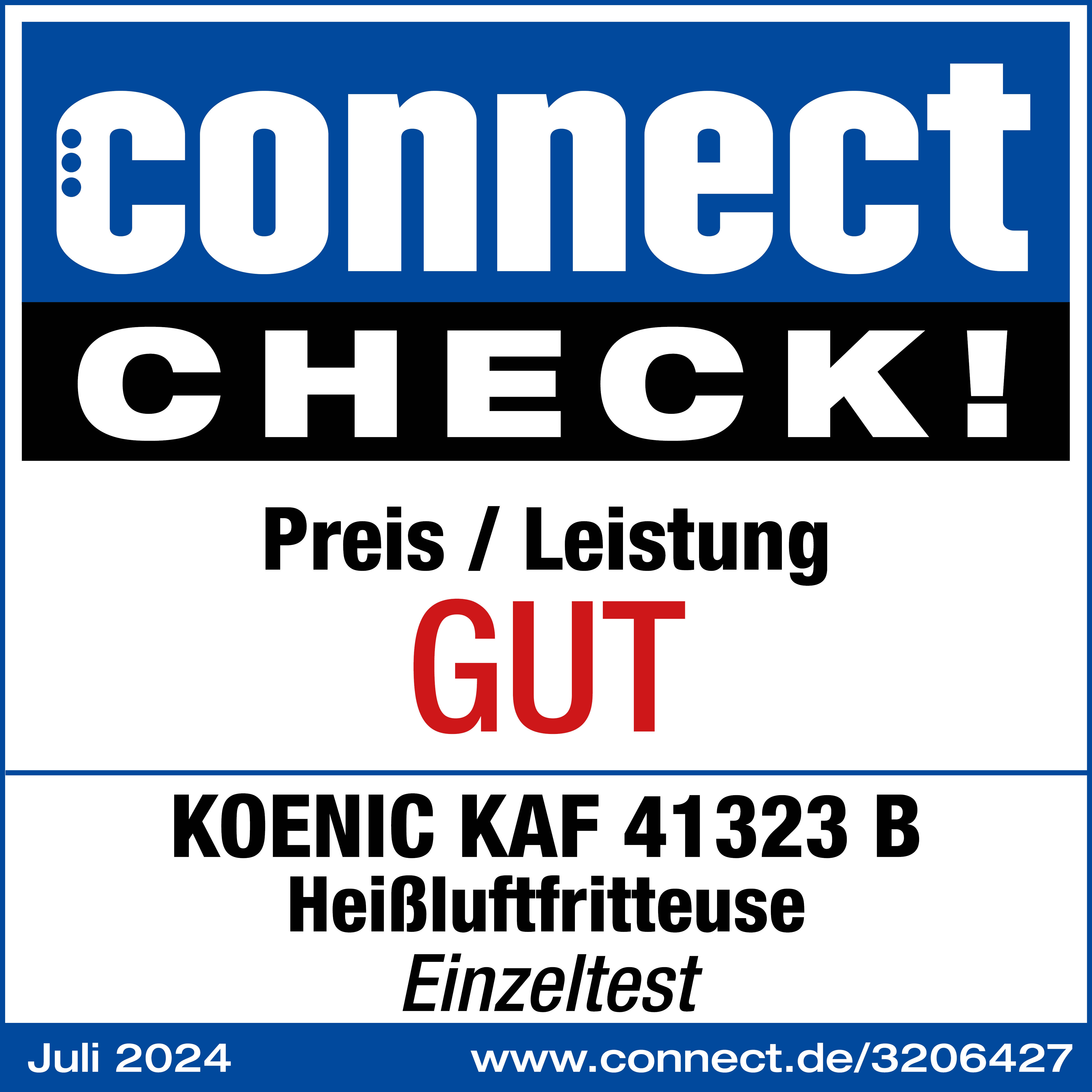 Connect Check!-Logo mit der Bewertung 'GUT' für ein Koenic-Heißluftfritteusenmodell.