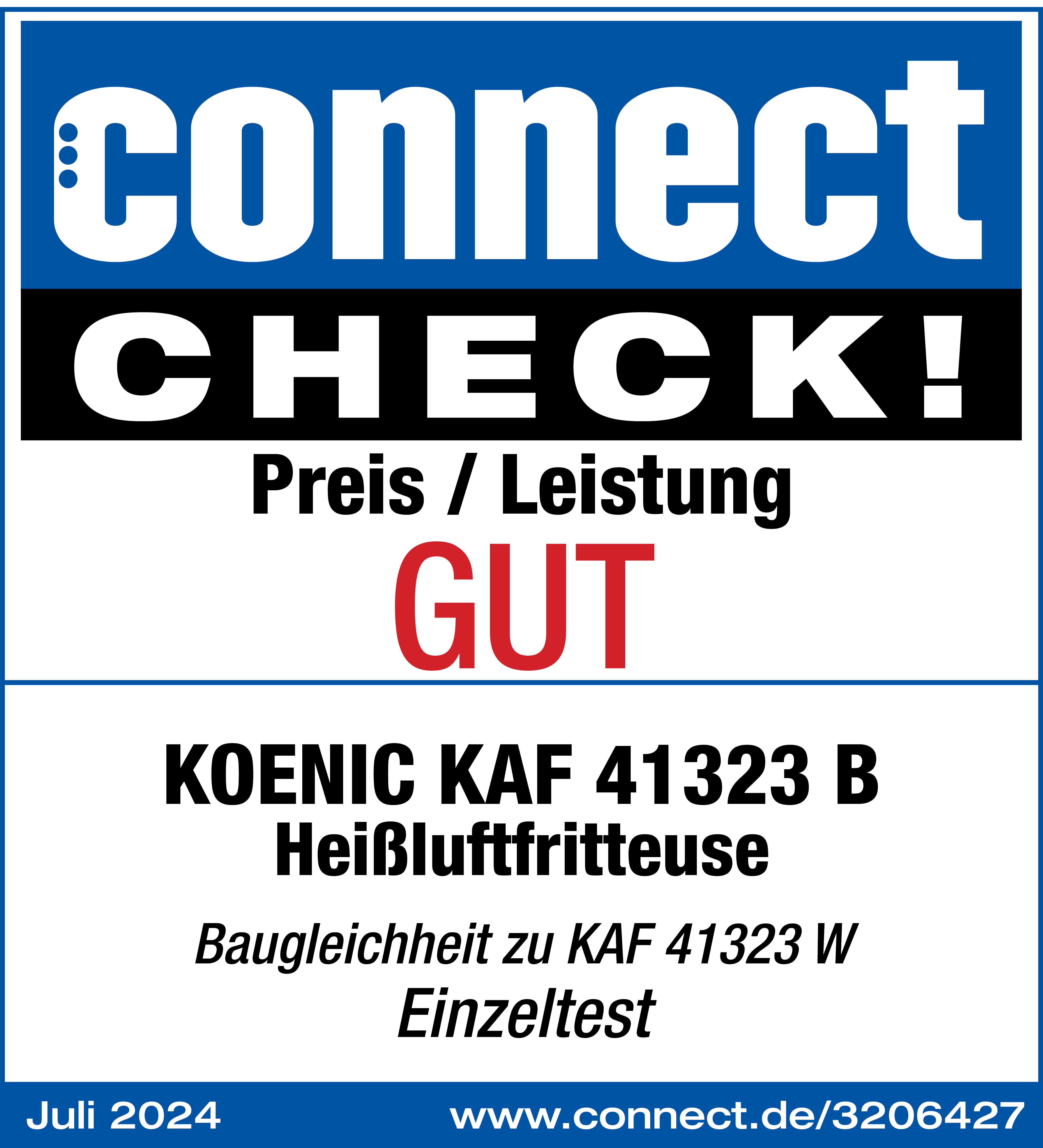 Connect Check! Heißluftfritteusen-Test, Bewertung 'GUT'. Text auf Deutsch.