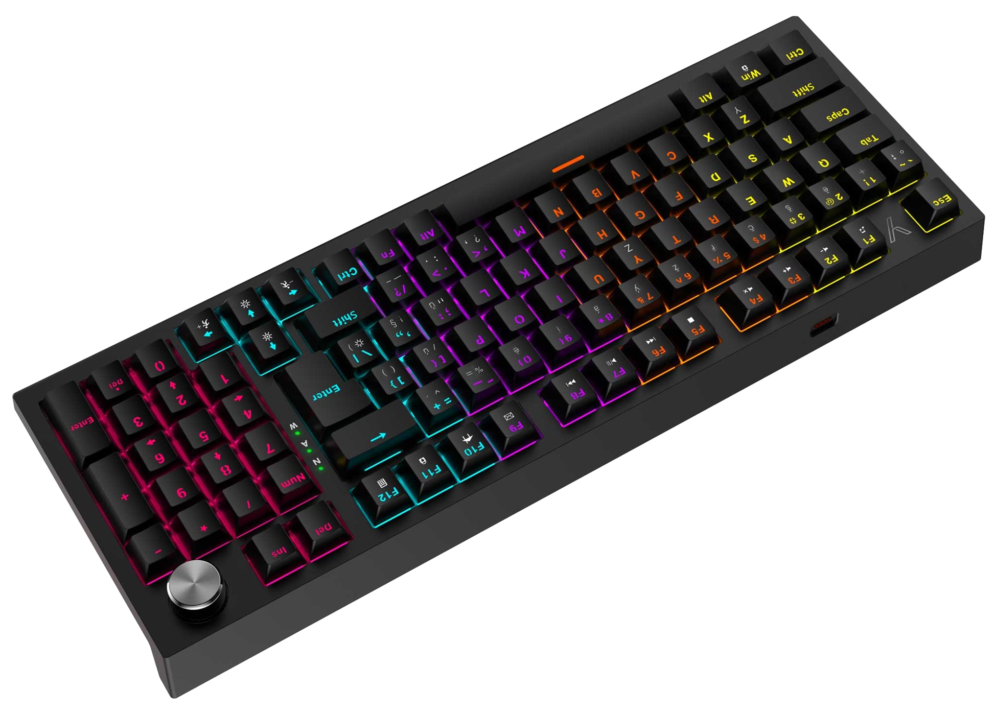 Egy fekete gamer billentyűzet színes gombokkal. A gombok többszínűek, és a billentyűzetnek van egy gombja.