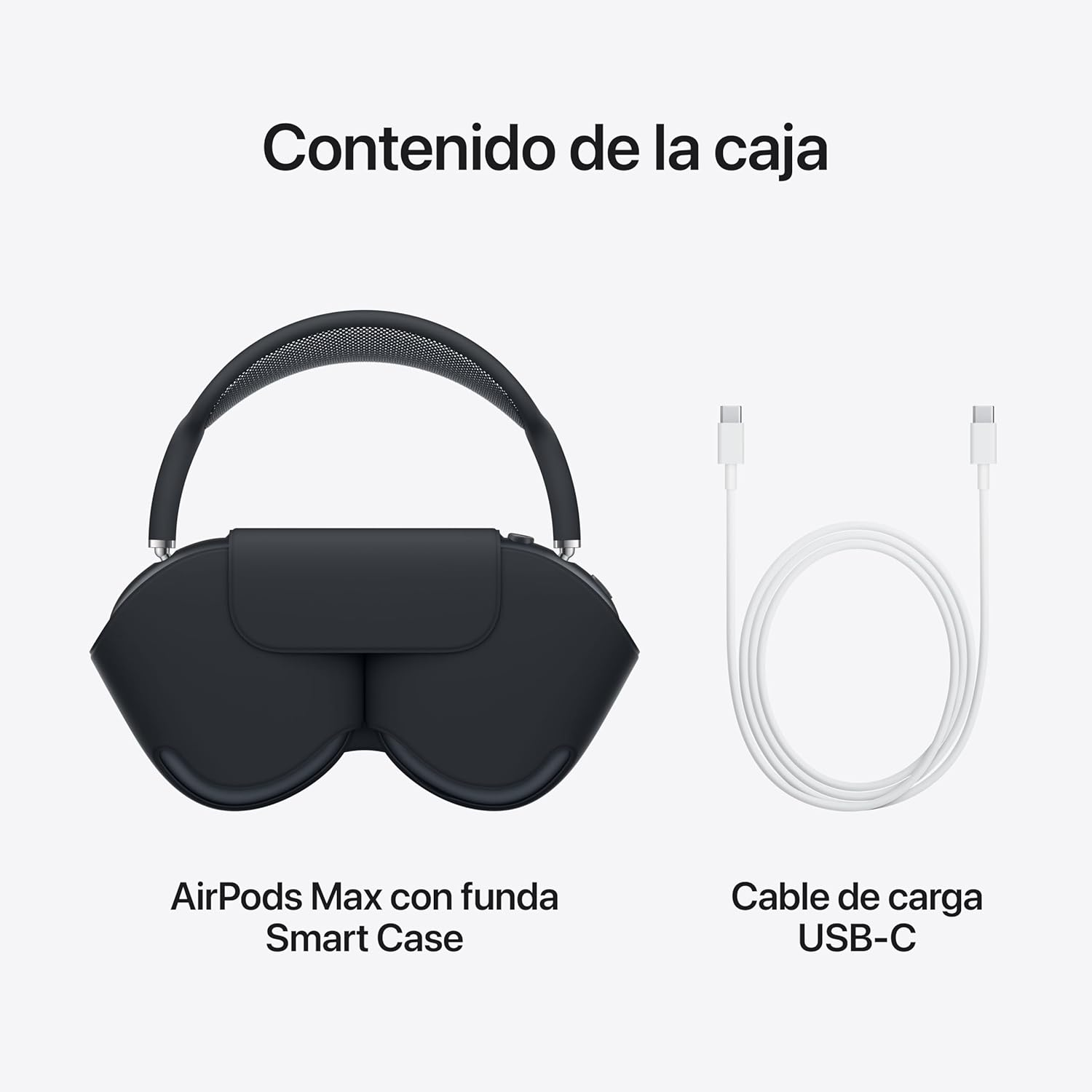 Auriculares AirPods Max negros con cable de carga blanco. Fondo blanco.