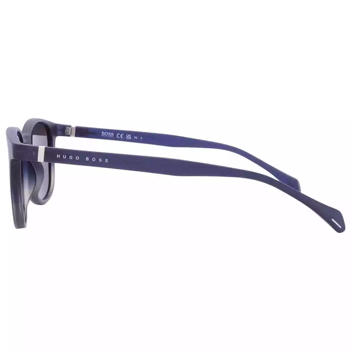 Zijaanzicht van Hugo Boss bril, donker montuur met blauwe poot, wit logo.